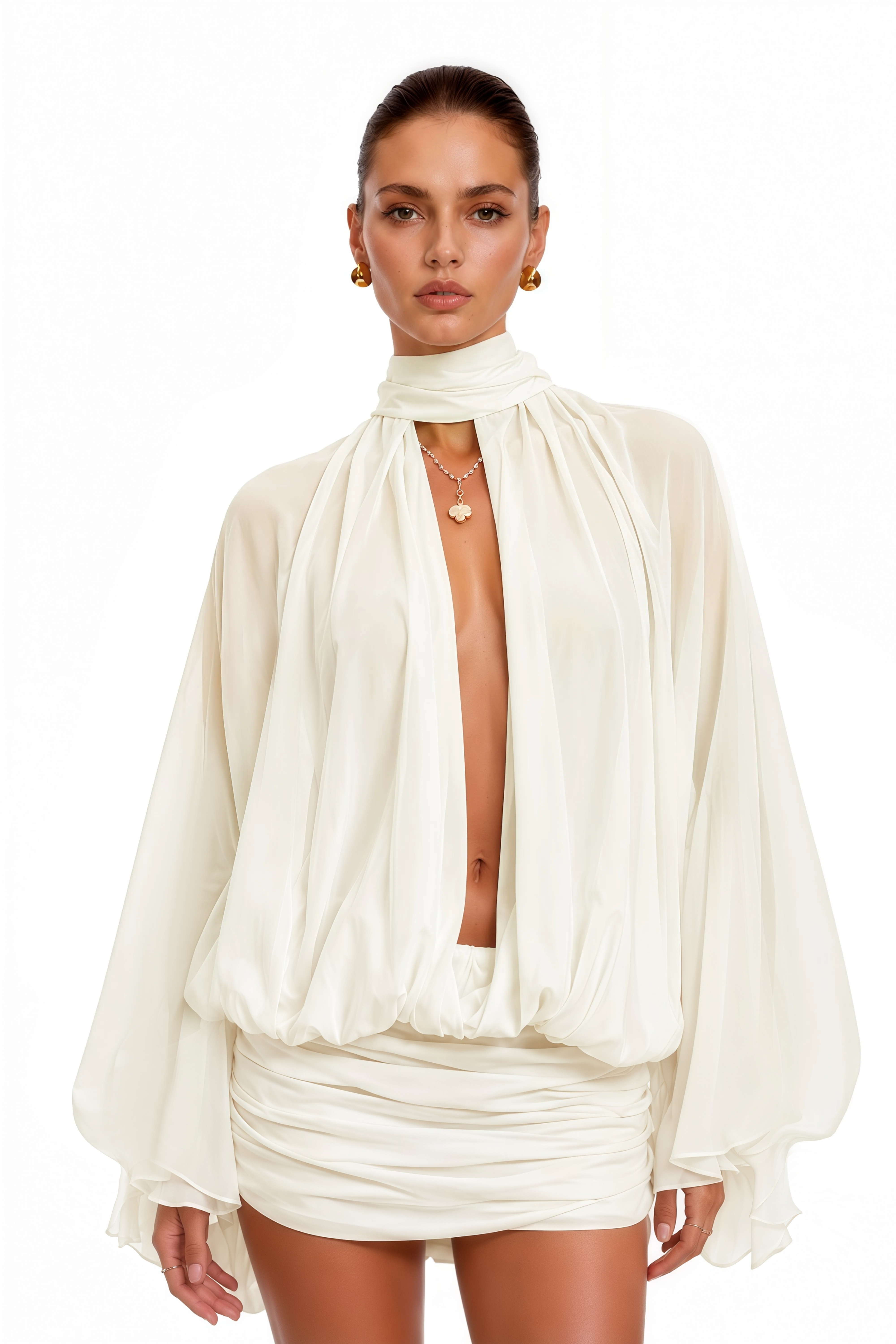 Liliane White Draped Cape Sleeve Mini Dress