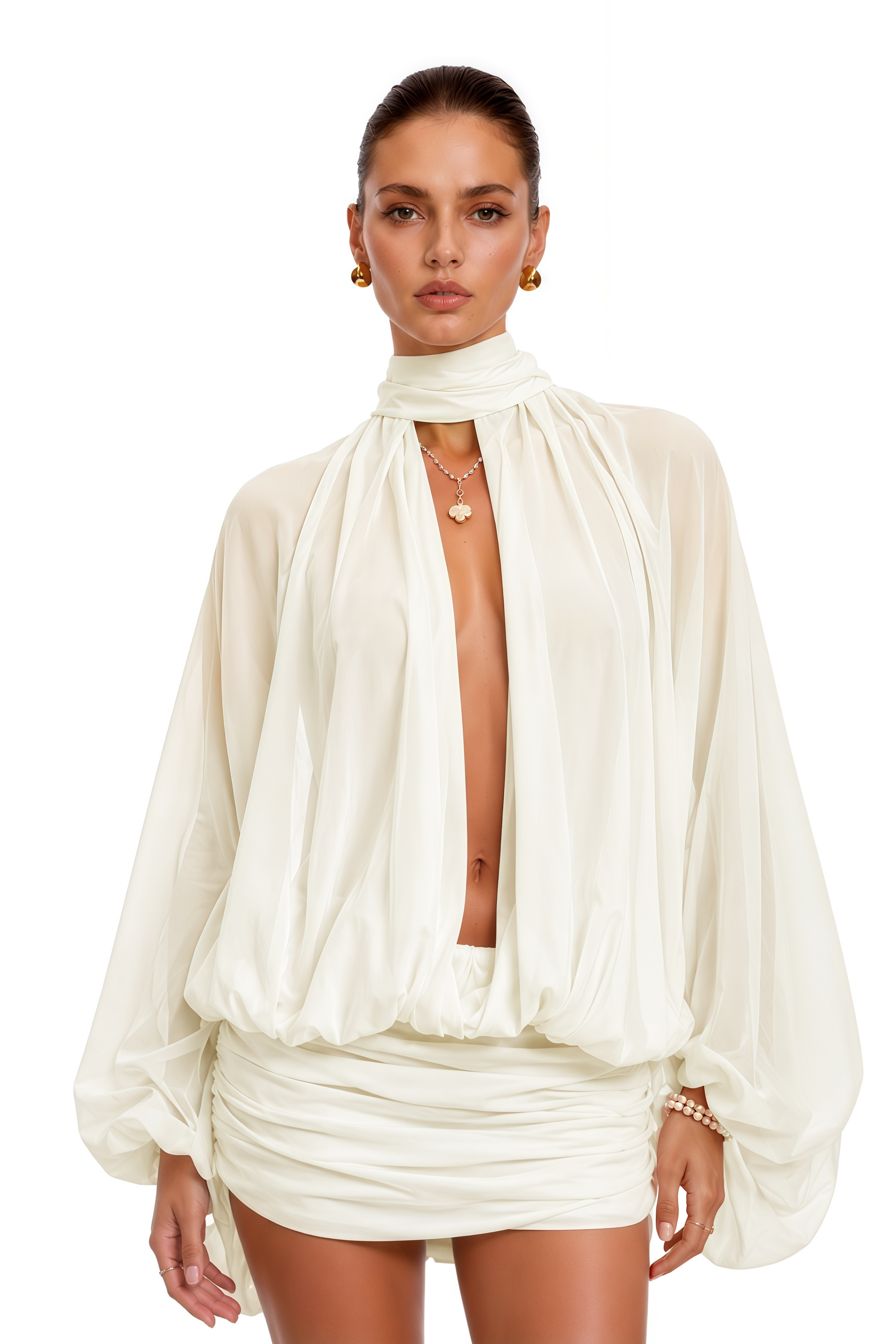 Liliane White Draped Cape Sleeve Mini Dress