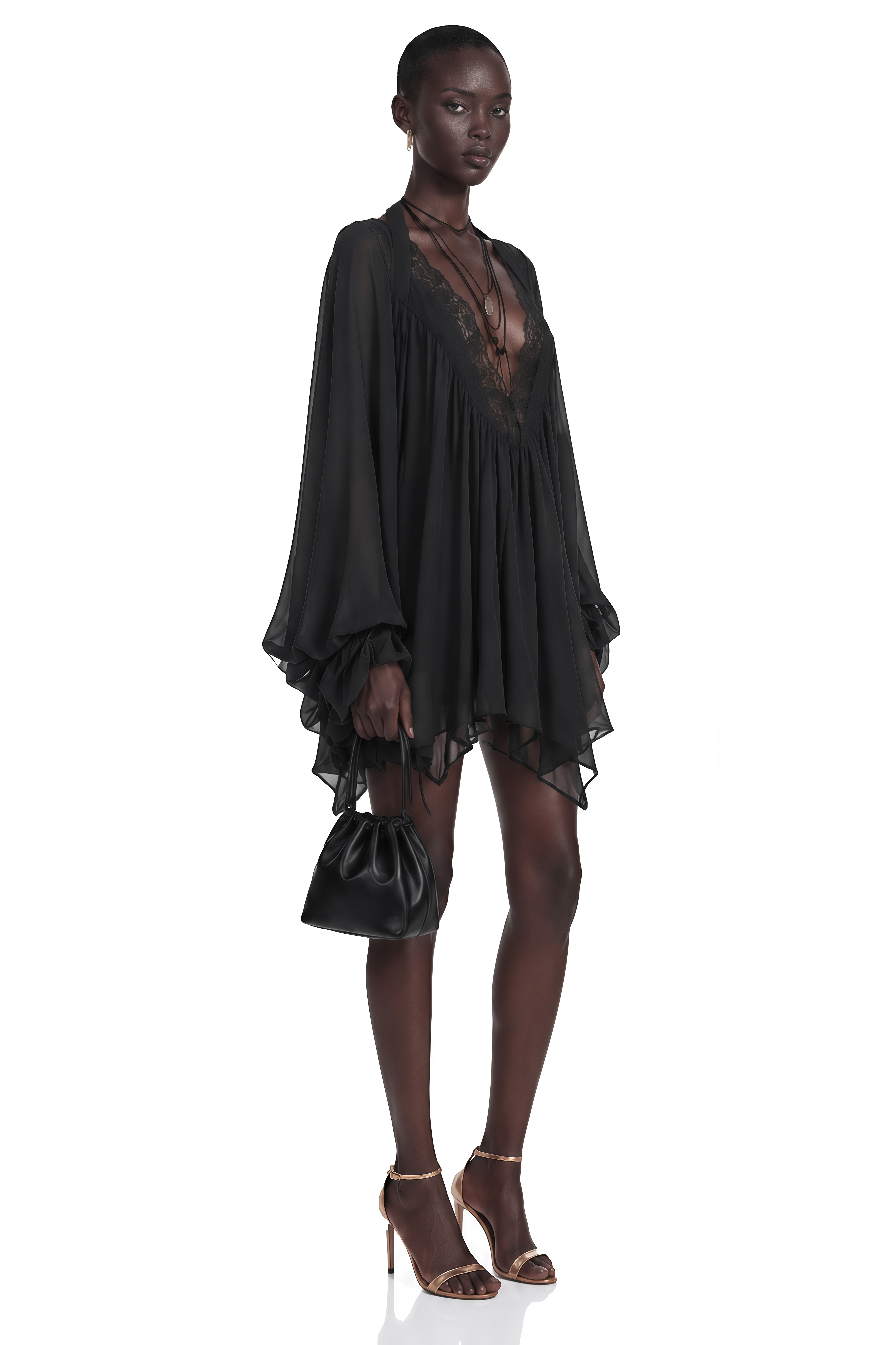 Lilou Black Plunge Neck Lace Mini Dress