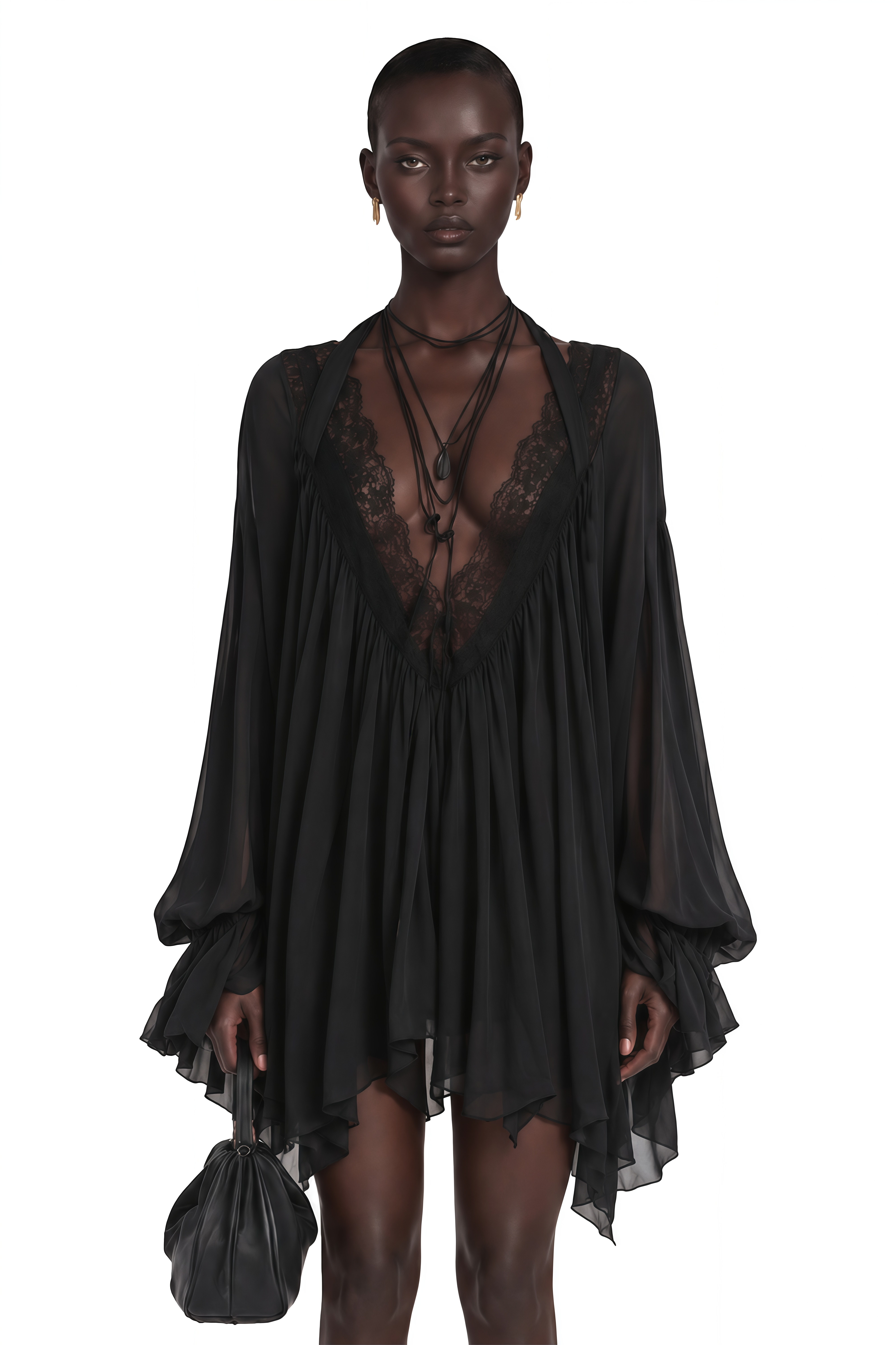 Lilou Black Plunge Neck Lace Mini Dress