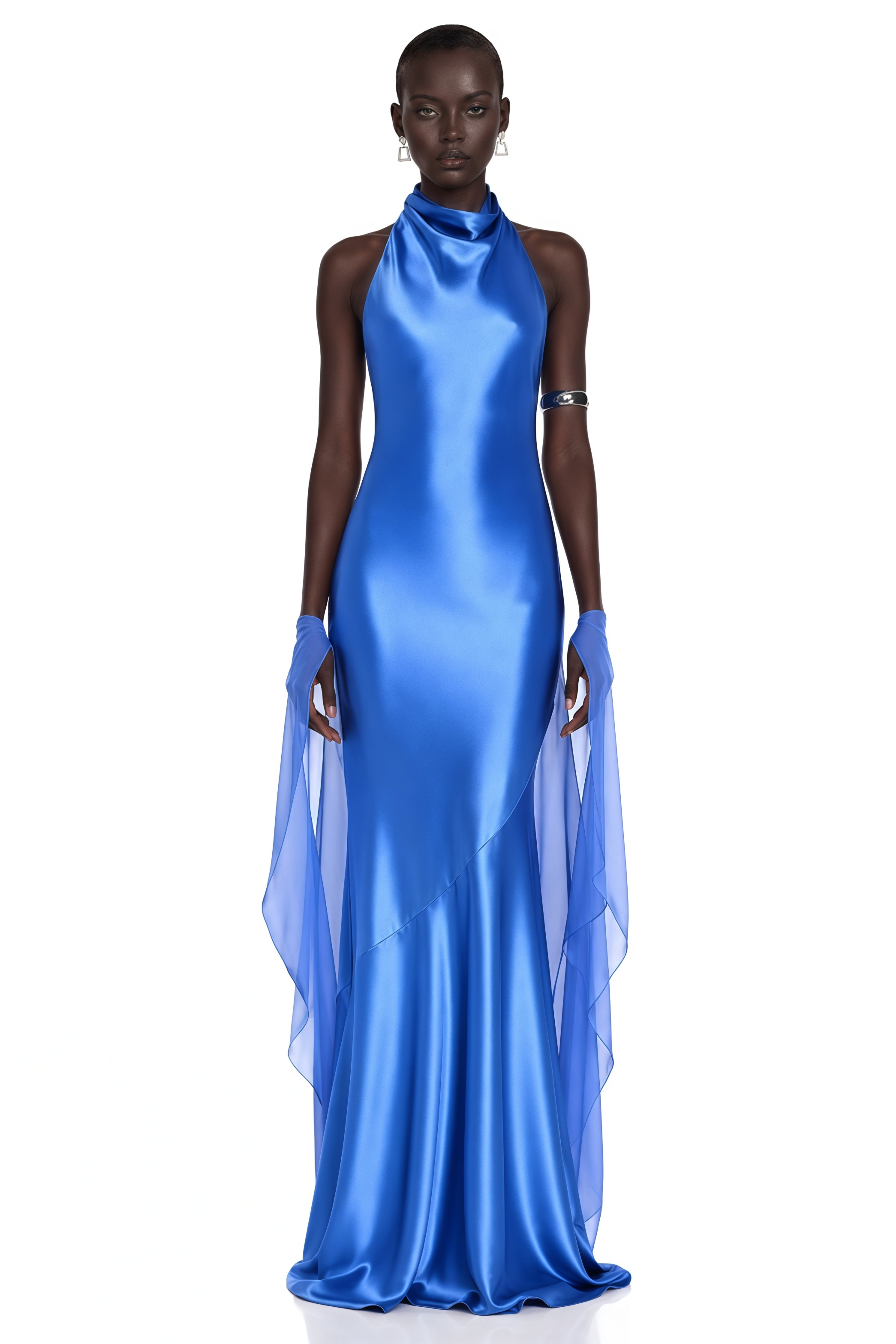 Cobalt blue satin halter gown with draped chiffon cape