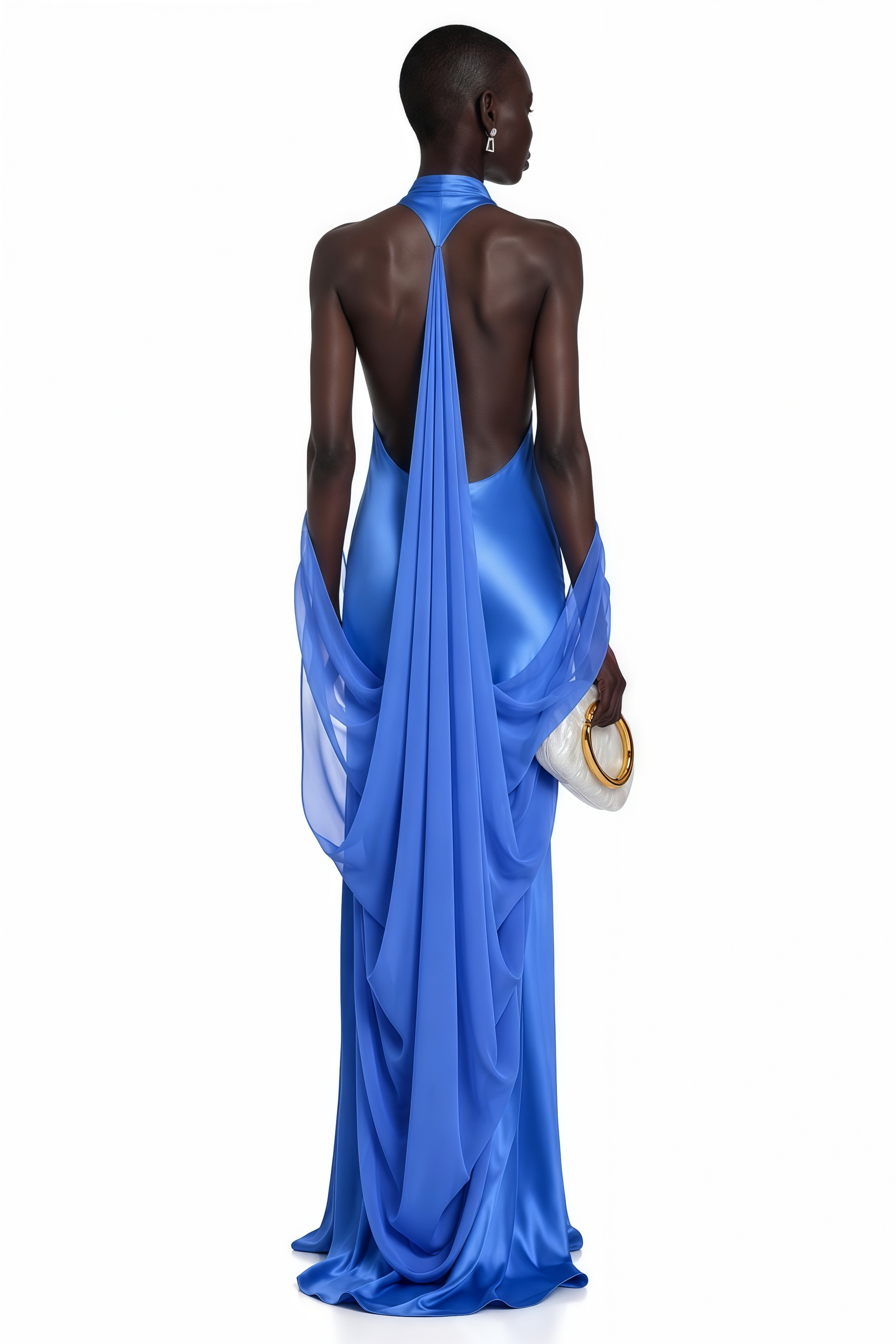 Cobalt blue satin halter gown with draped chiffon cape