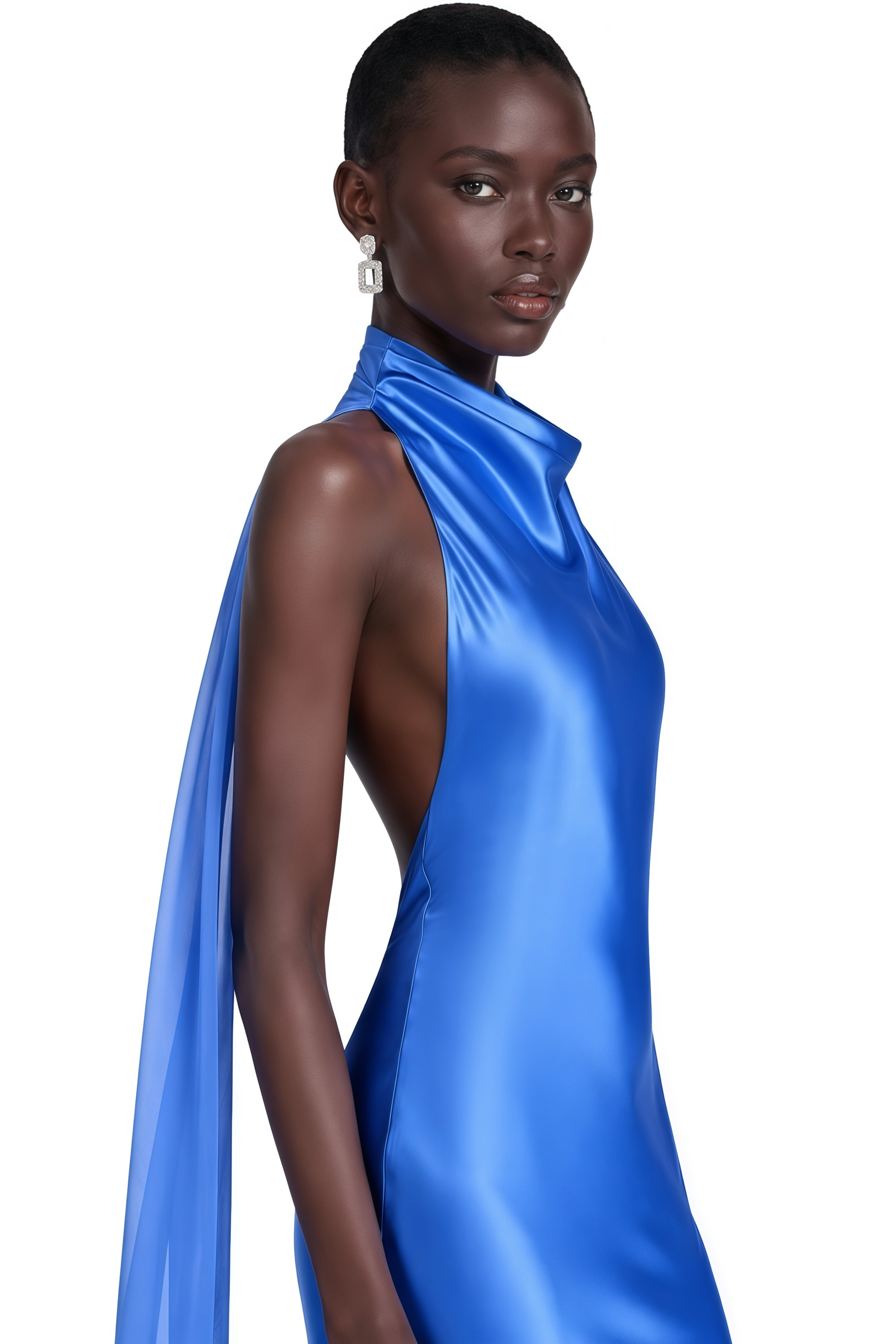 Cobalt blue satin halter gown with draped chiffon cape
