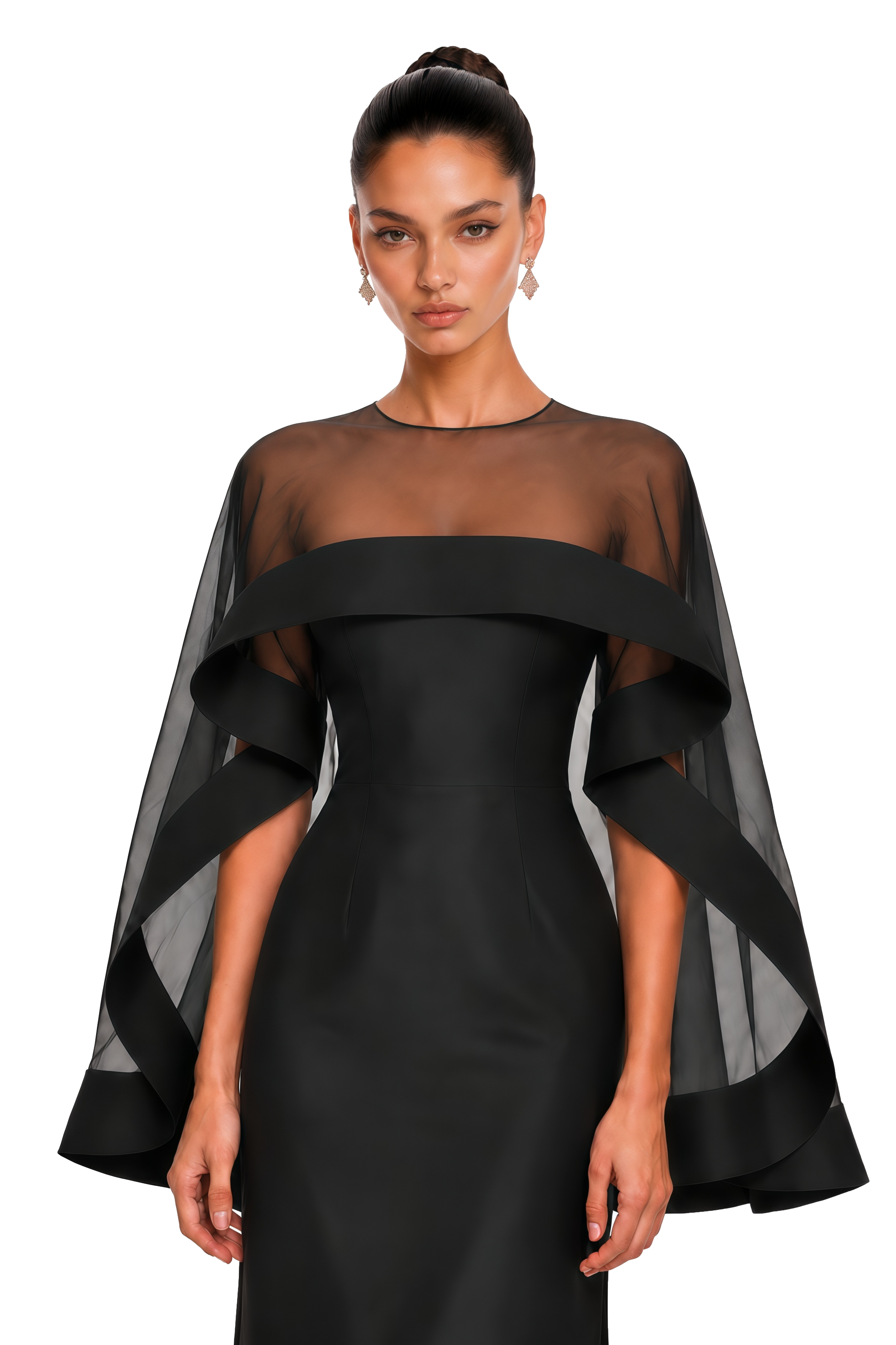Linette Black Cape Sleeve Satin Maxi Dress