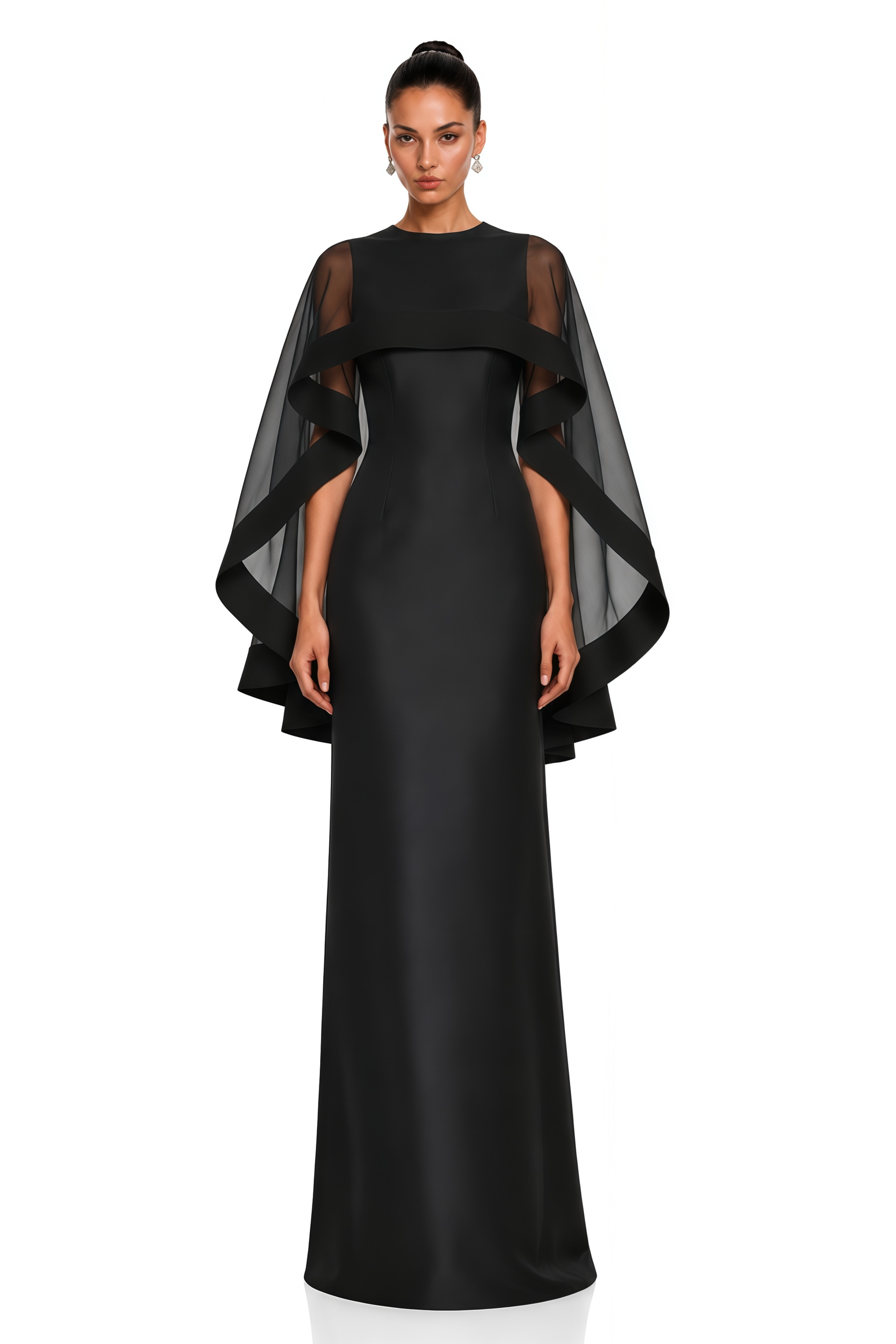 Linette Black Cape Sleeve Satin Maxi Dress