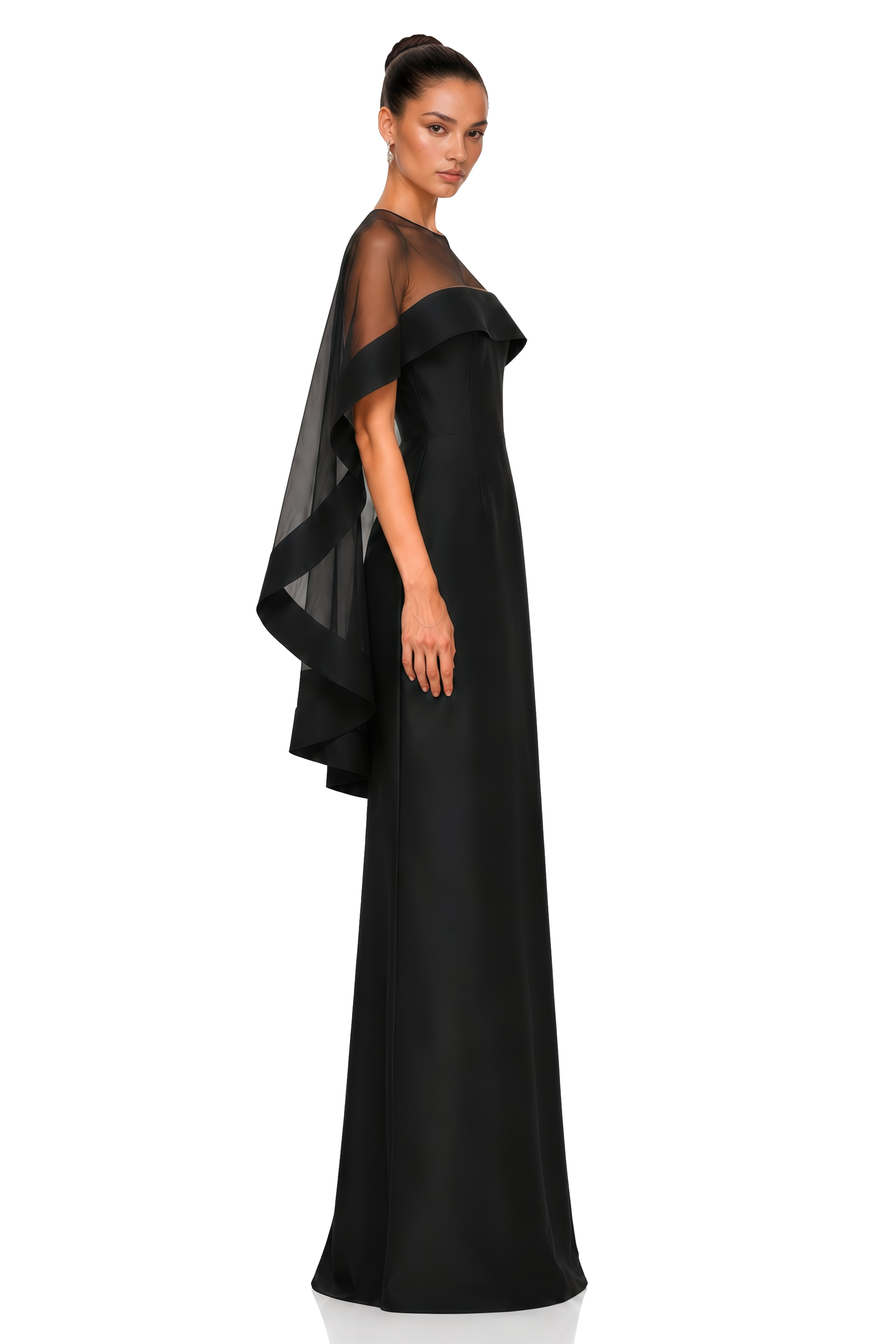 Linette Black Cape Sleeve Satin Maxi Dress