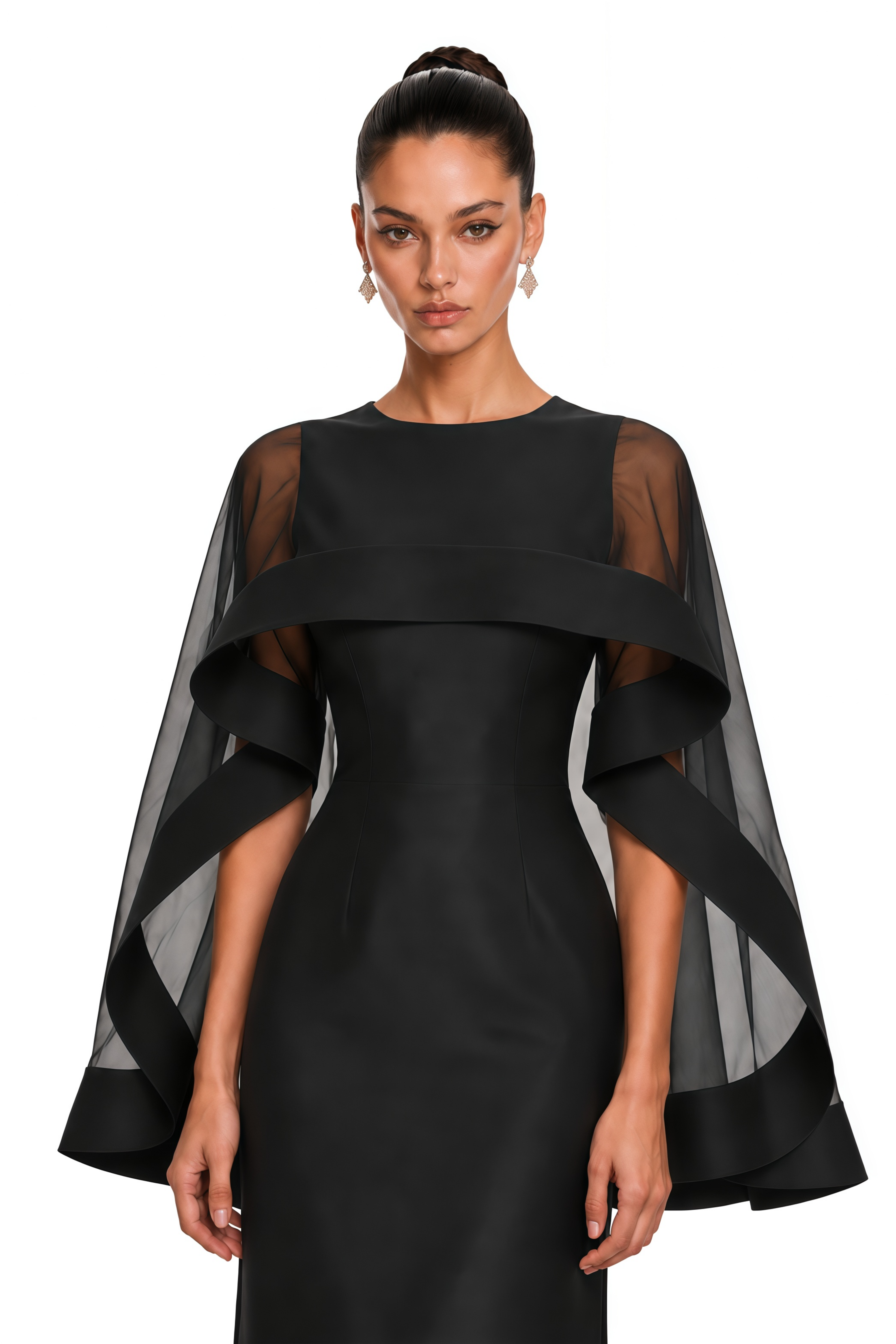 Linette Black Cape Sleeve Satin Maxi Dress