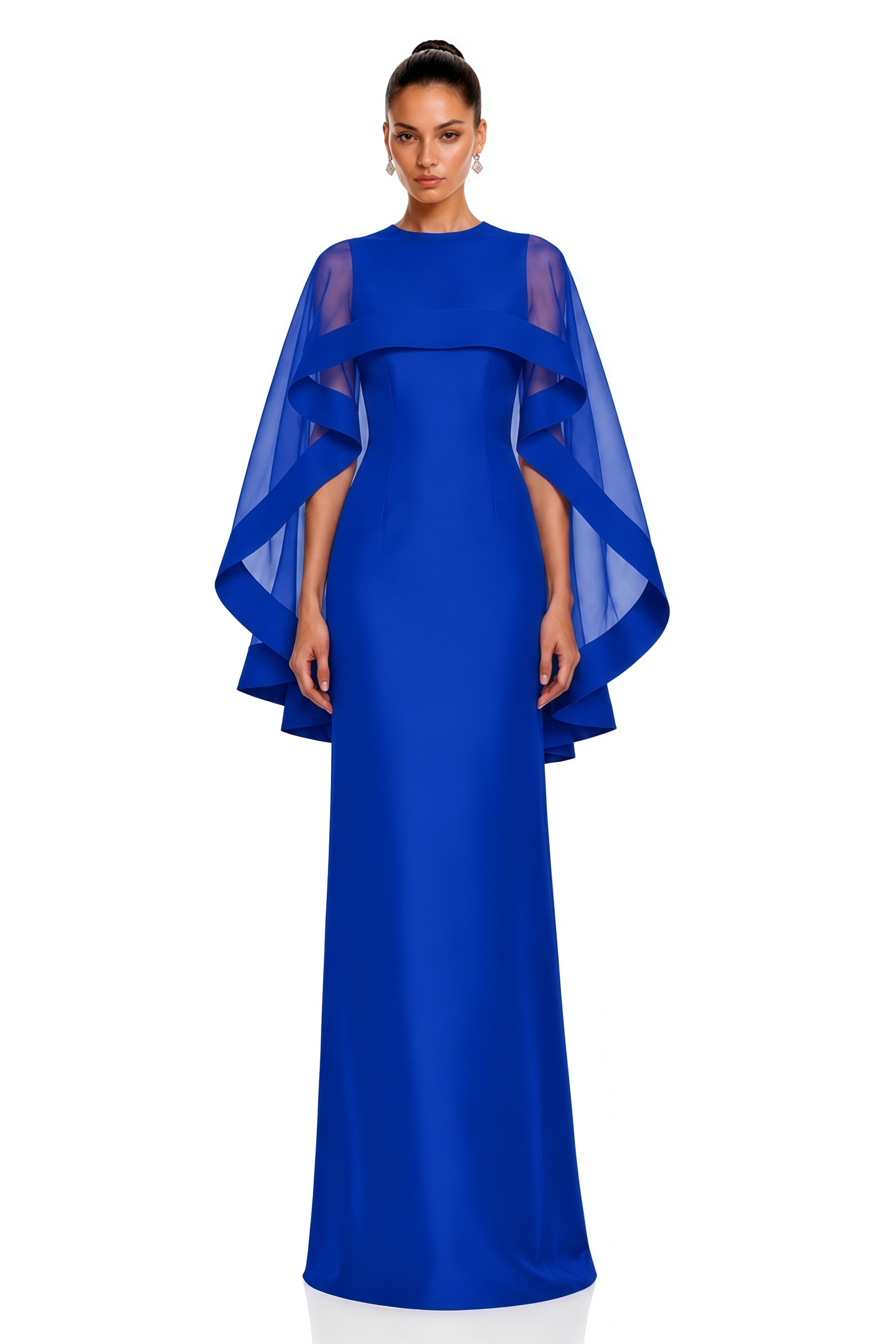 Linette Royal Blue Cape Sleeve Satin Maxi Dress