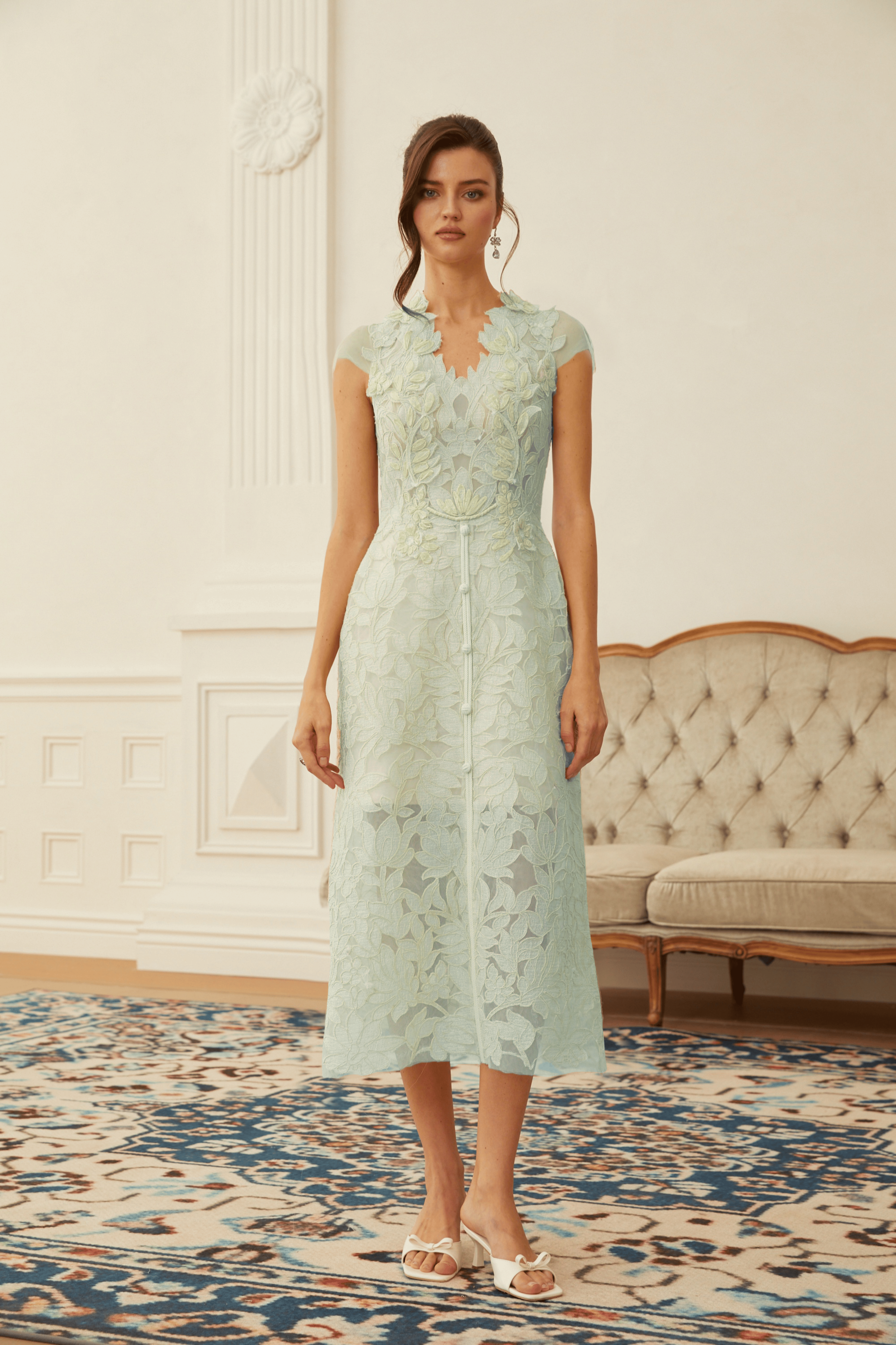 Linnea Green Floral Applique V-Neck Midi Dress