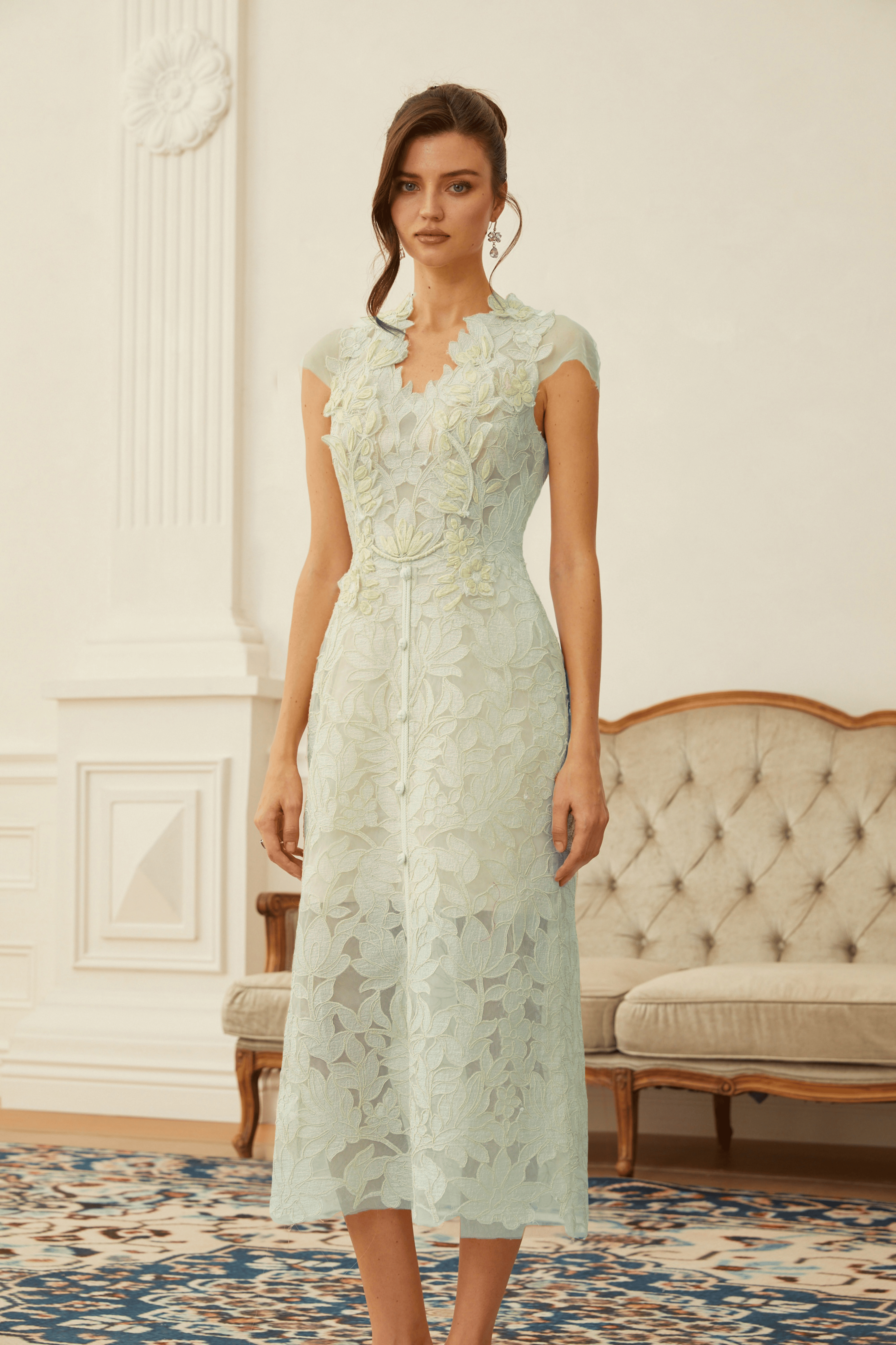 Linnea Green Floral Applique V-Neck Midi Dress