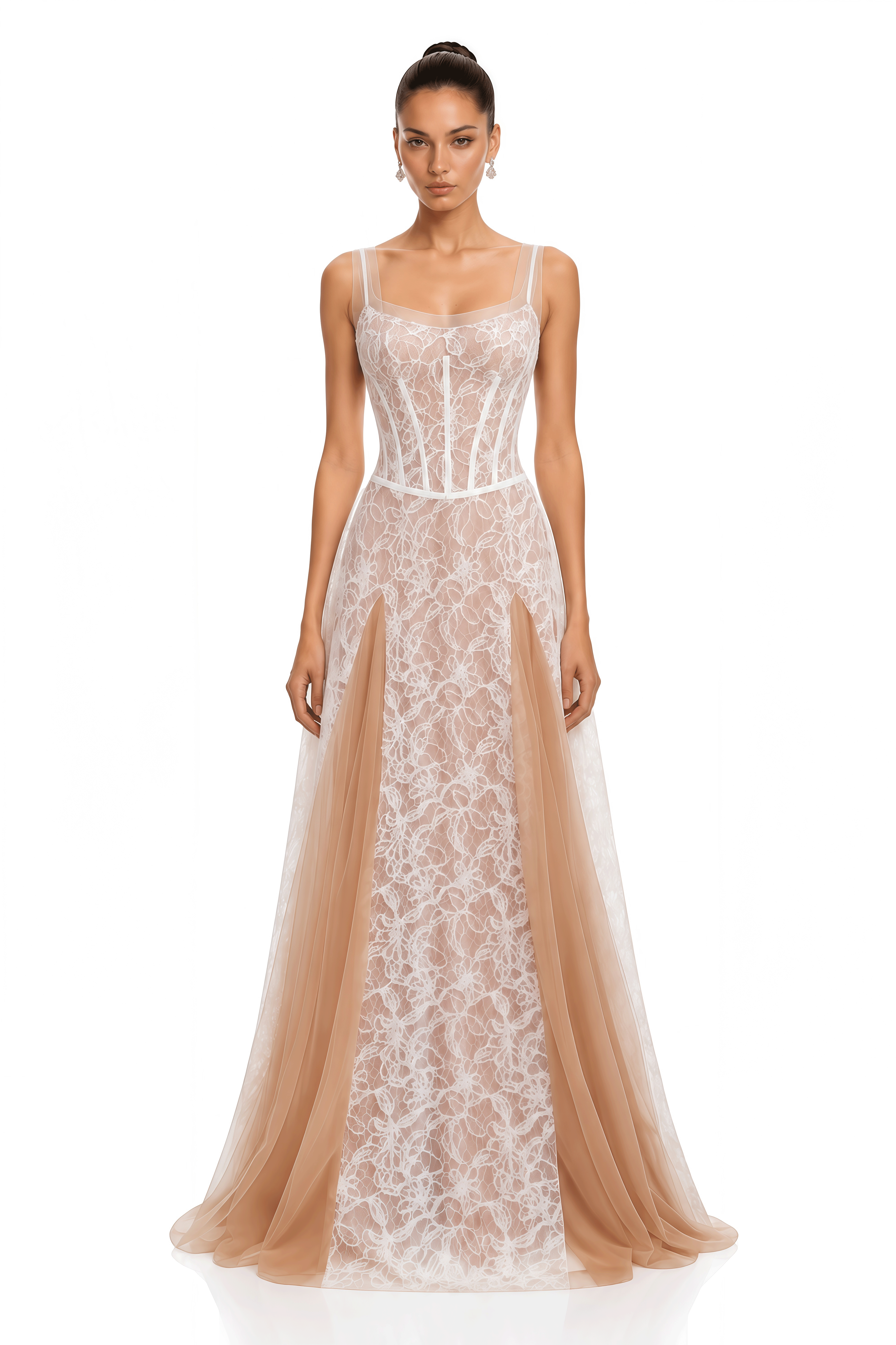 Liora Ivory Floral Lace Corset Tulle Maxi Dress