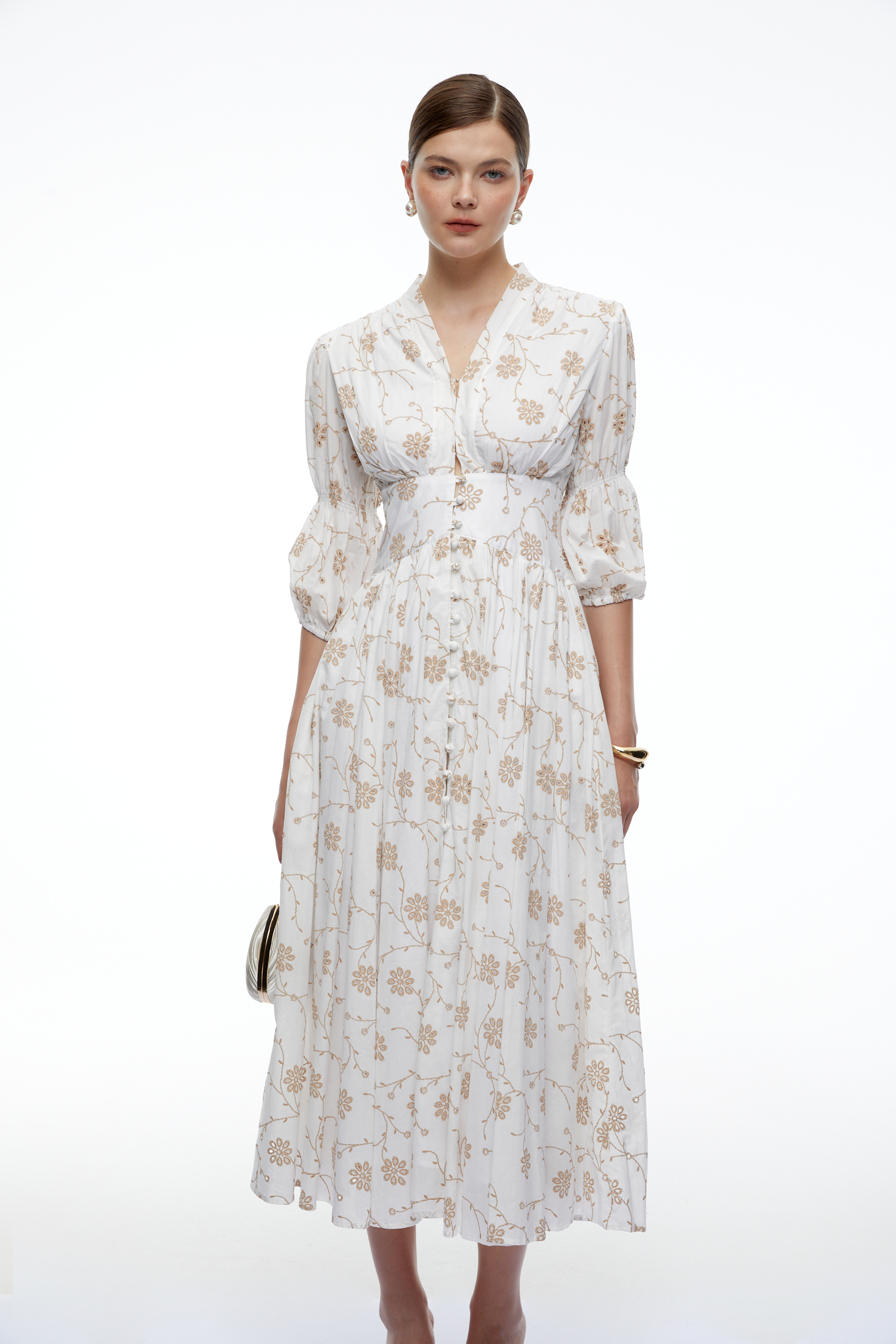 Liora White Floral V-Neck Puff Sleeve Midi Dress
