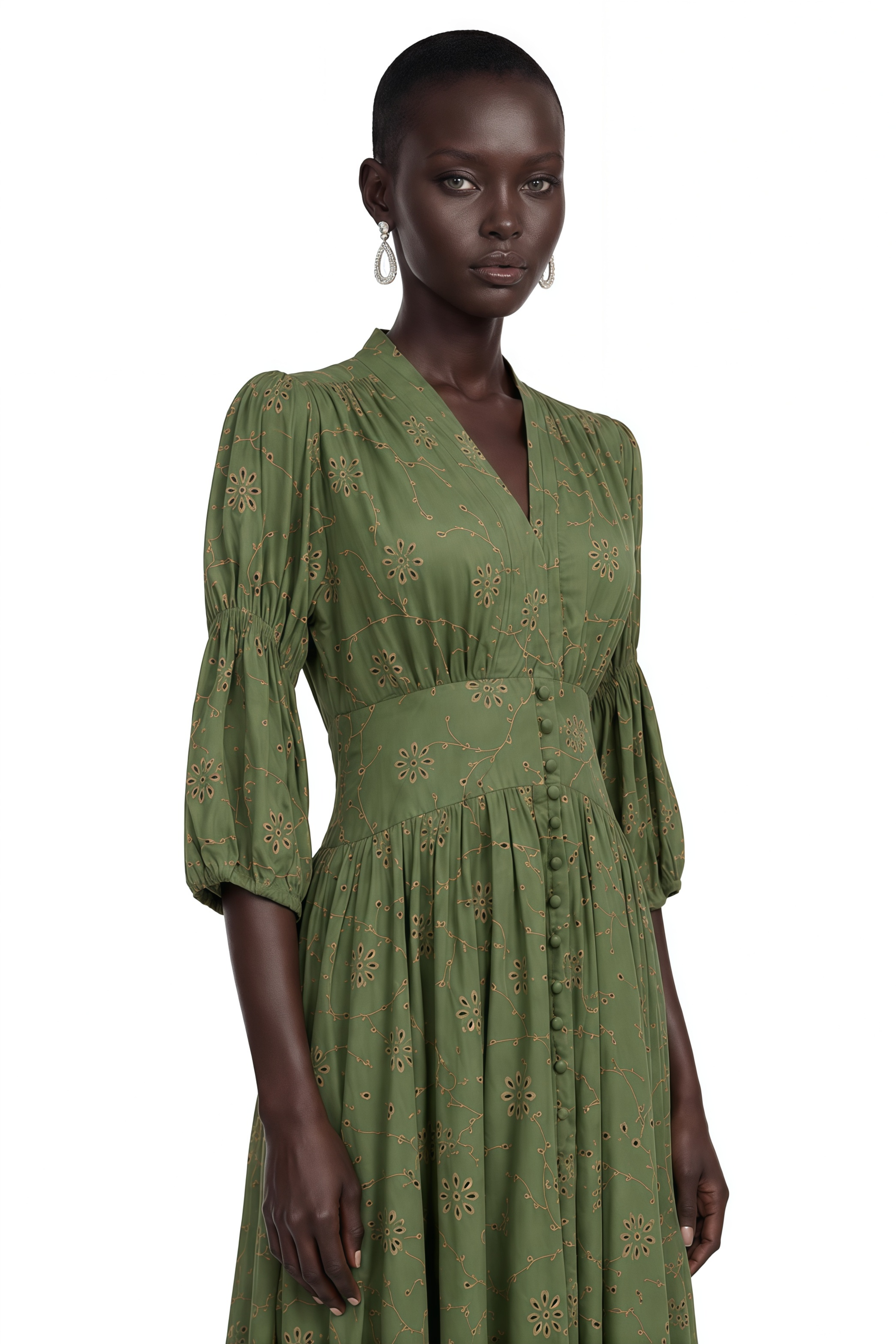 Liora Green Floral Print V-Neck Puff Sleeve Midi Dress