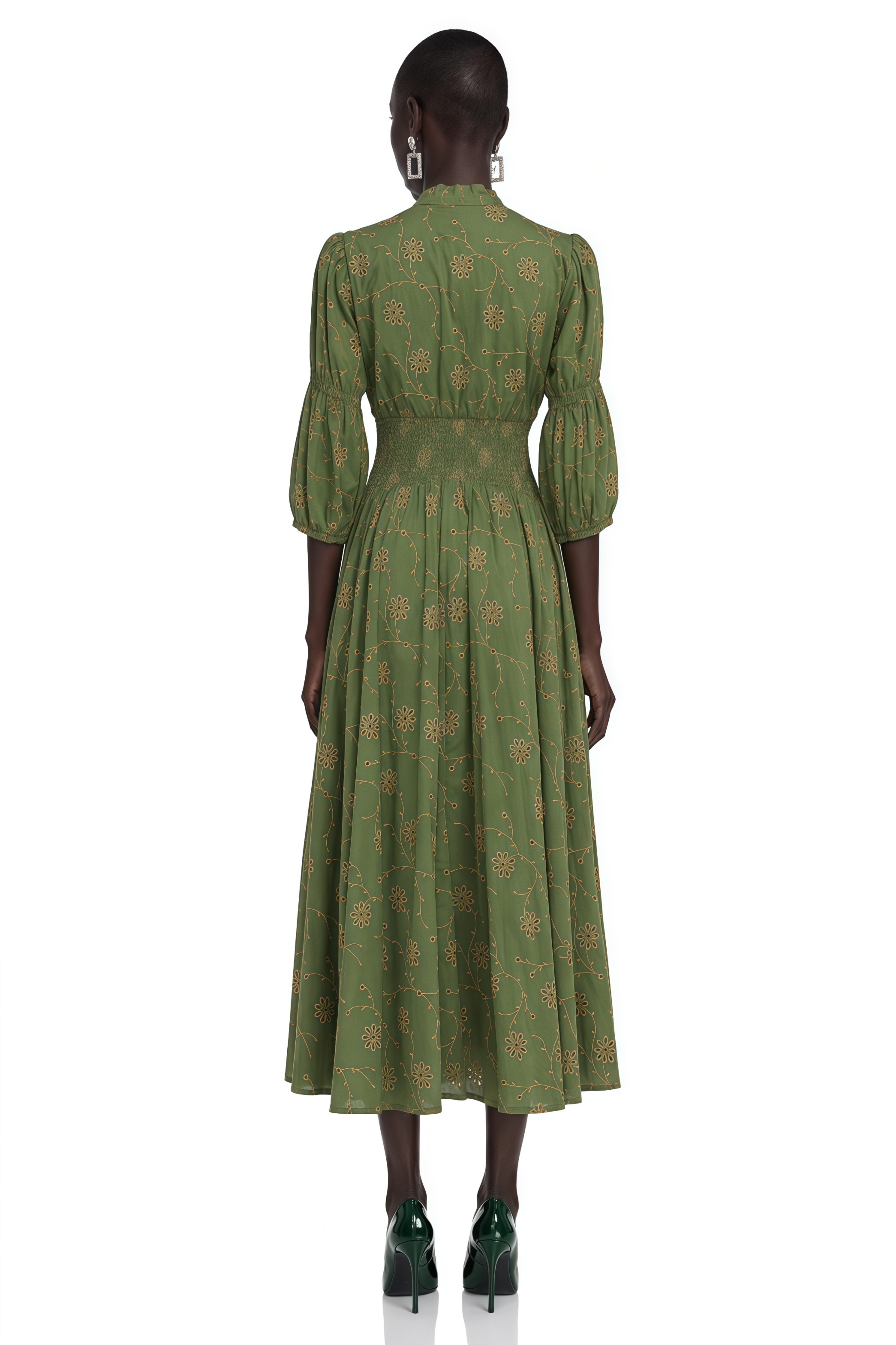 Liora Green Floral Print V-Neck Puff Sleeve Midi Dress