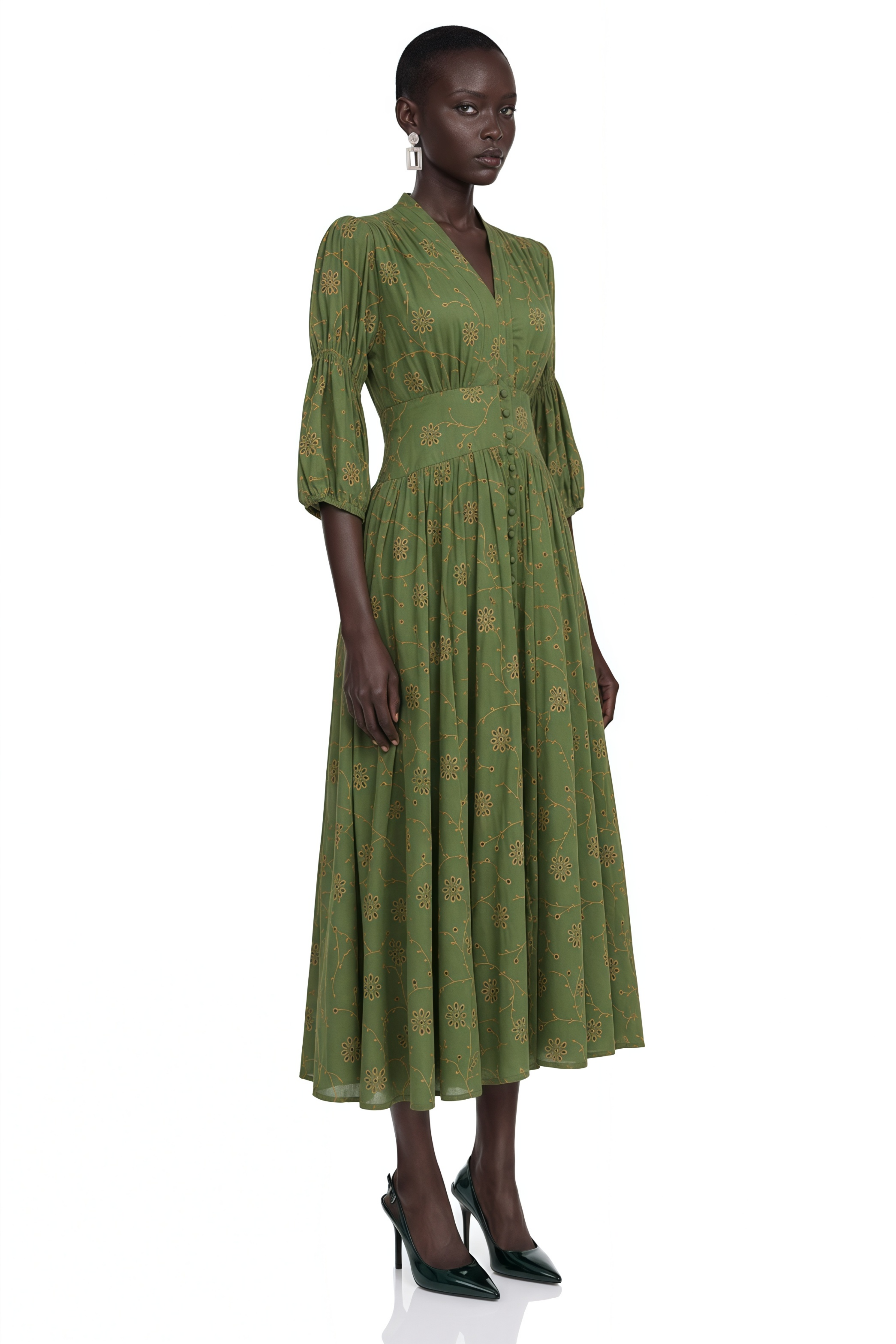 Liora Green Floral Print V-Neck Puff Sleeve Midi Dress