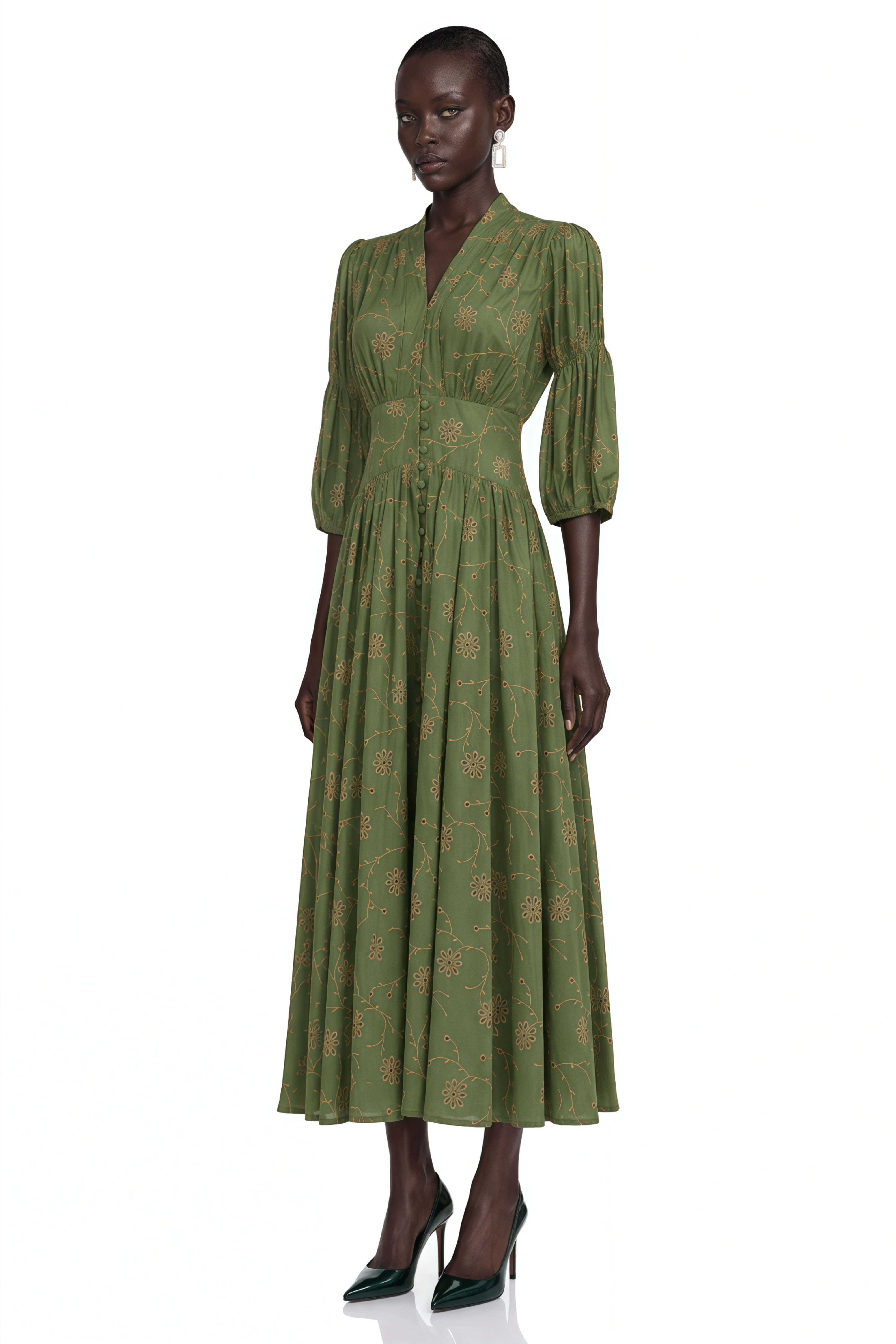 Liora Green Floral Print V-Neck Puff Sleeve Midi Dress