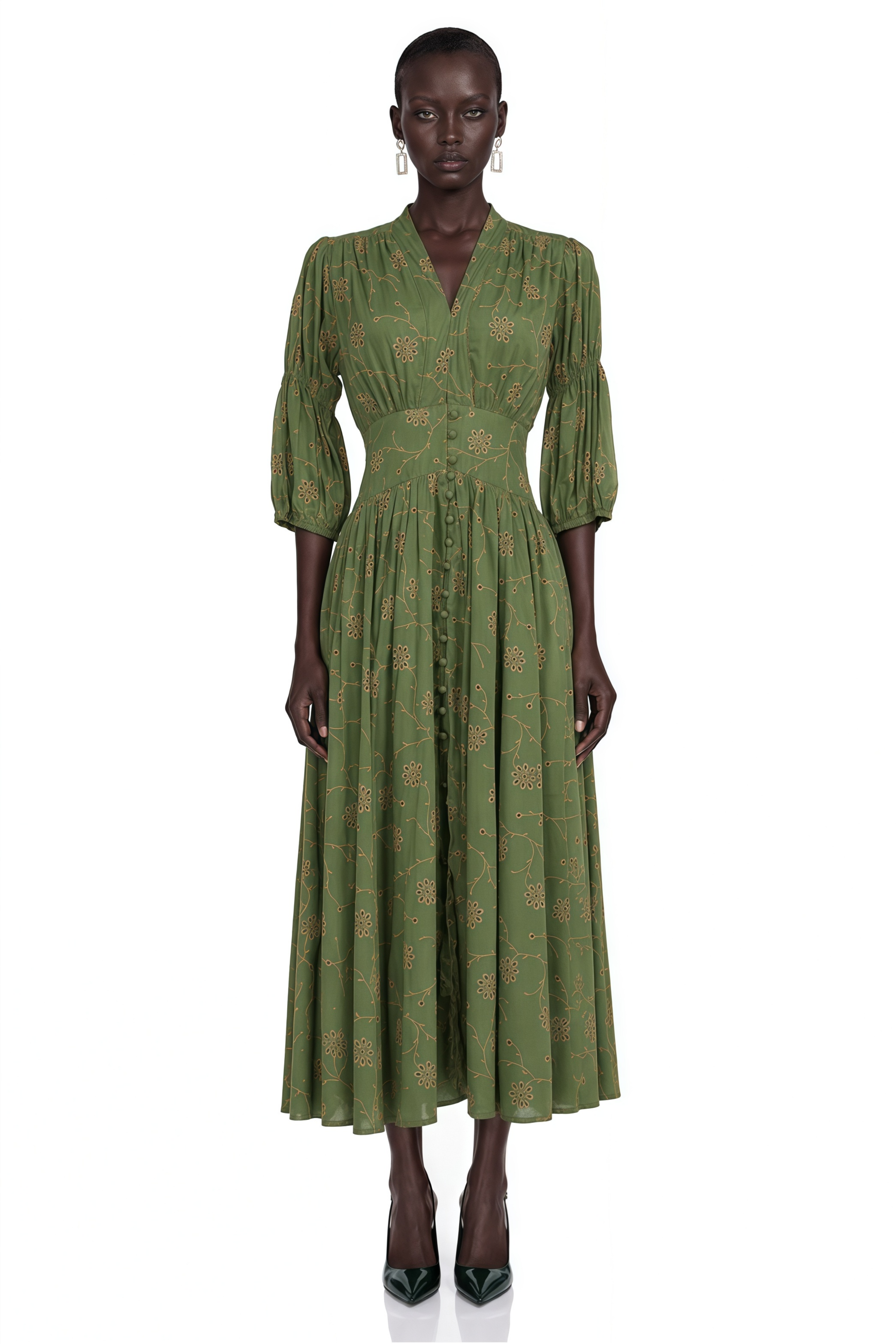 Liora Green Floral Print V-Neck Puff Sleeve Midi Dress