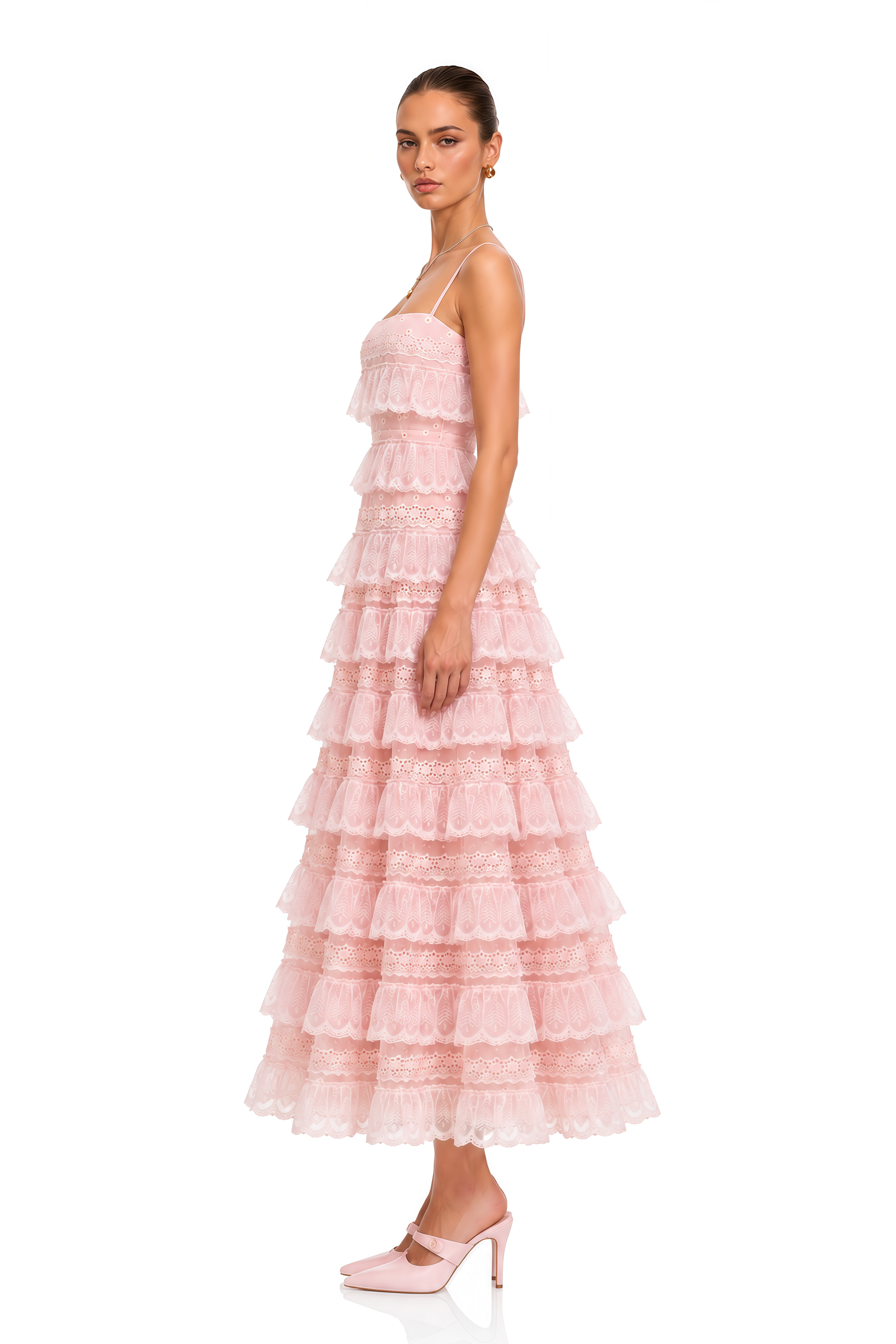 Lisandra Pink Tiered Ruffle Spaghetti Strap Maxi Dress
