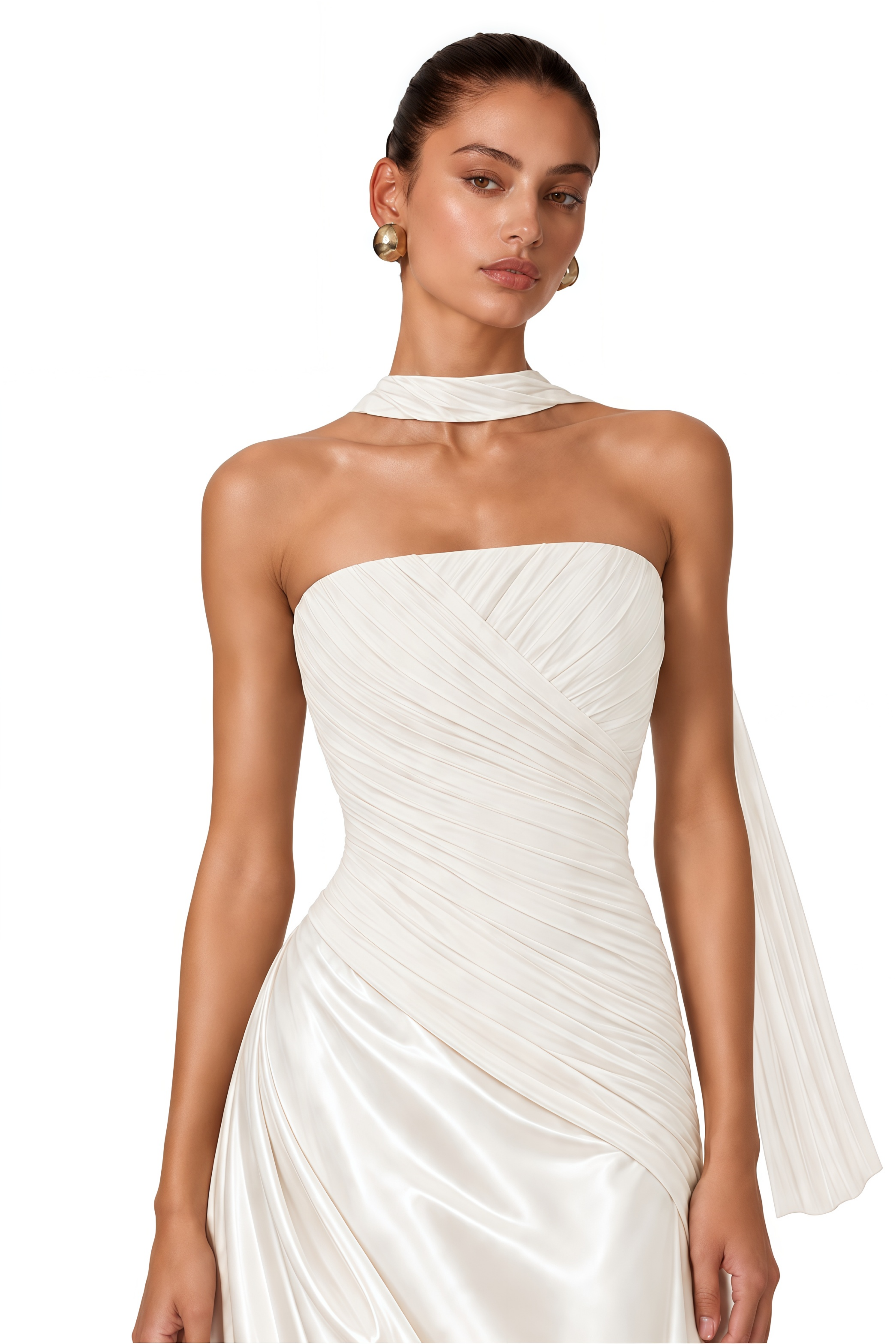 Lisbeth White Strapless Ruched Satin Maxi Dress