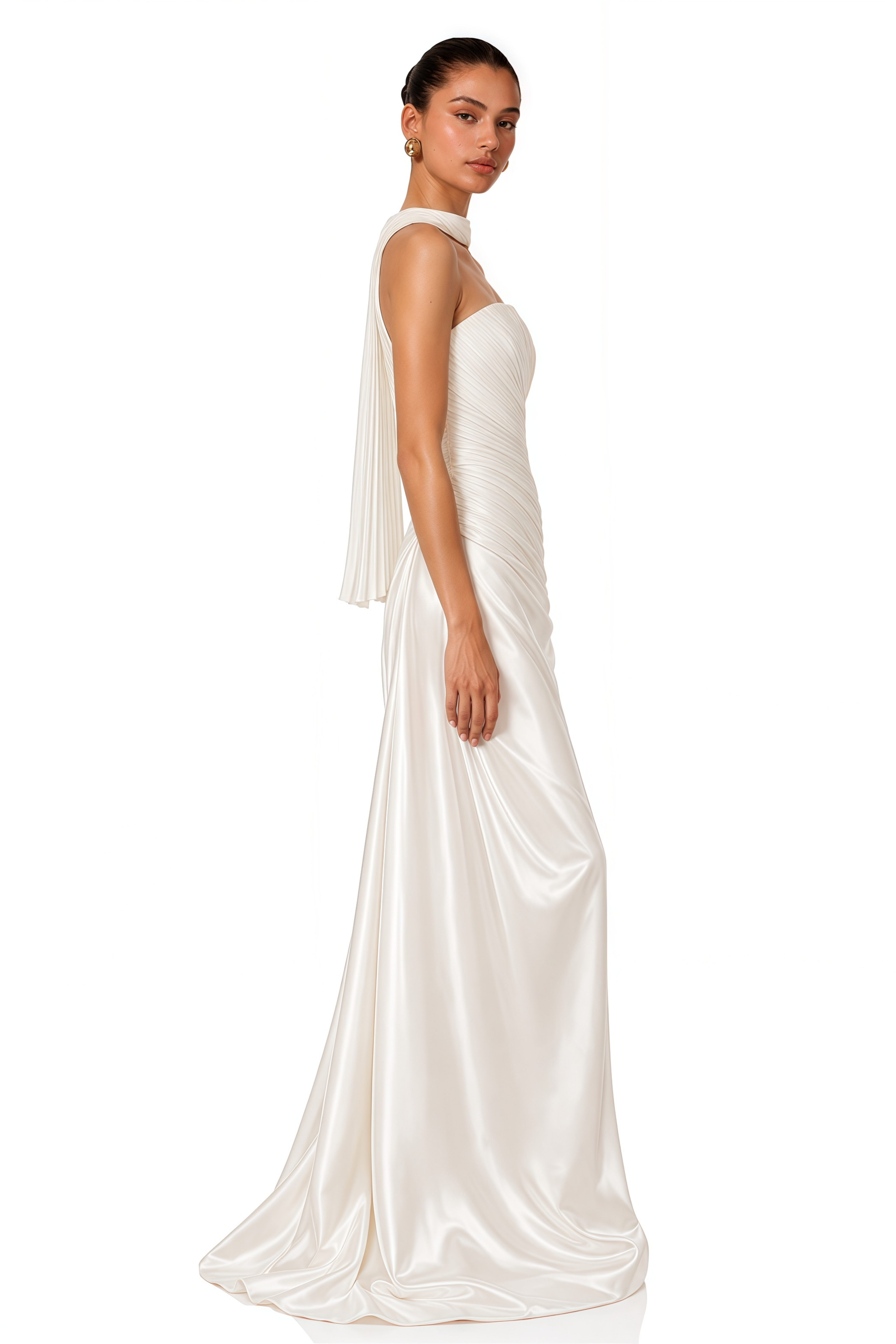 Lisbeth White Strapless Ruched Satin Maxi Dress