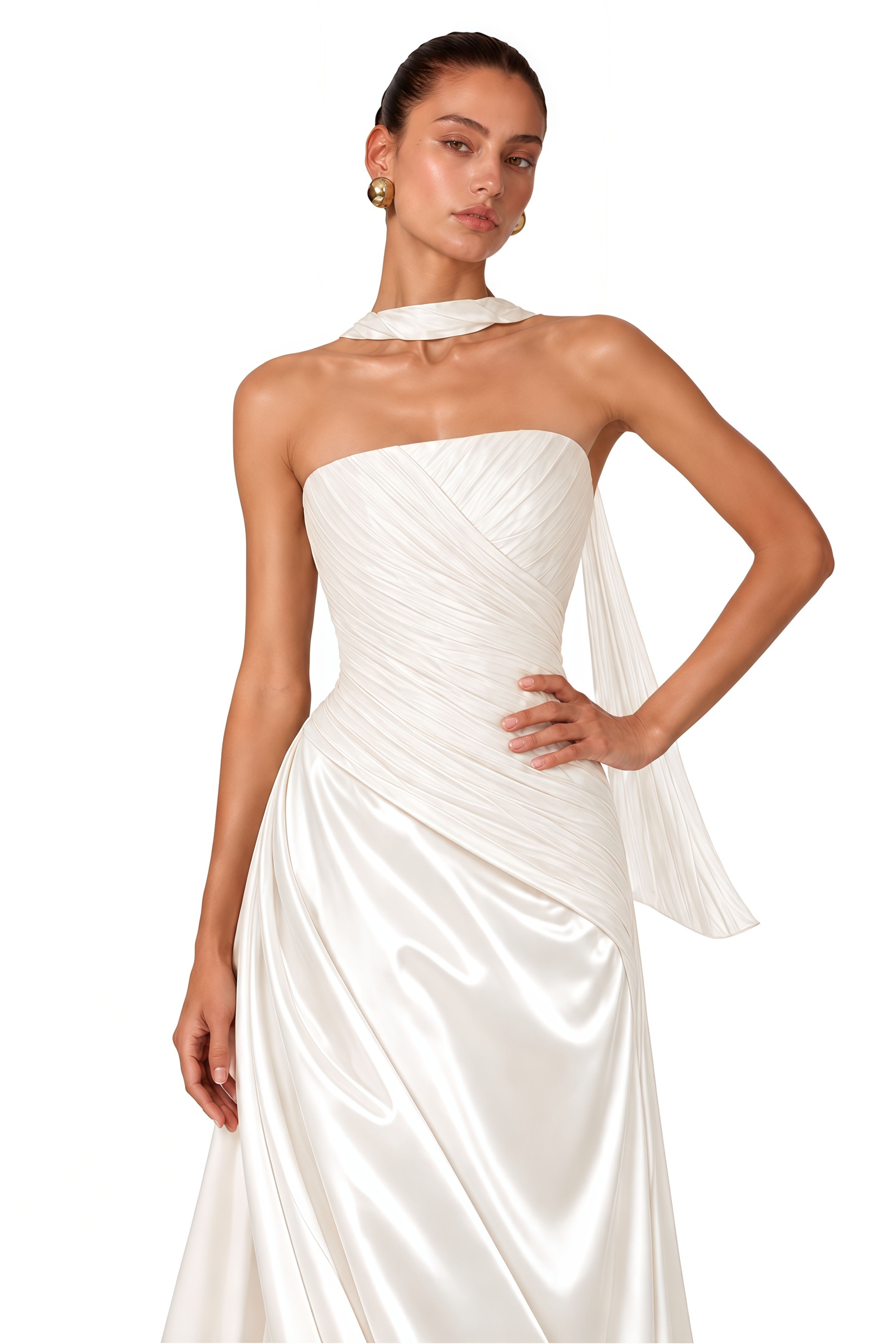 Lisbeth White Strapless Ruched Satin Maxi Dress