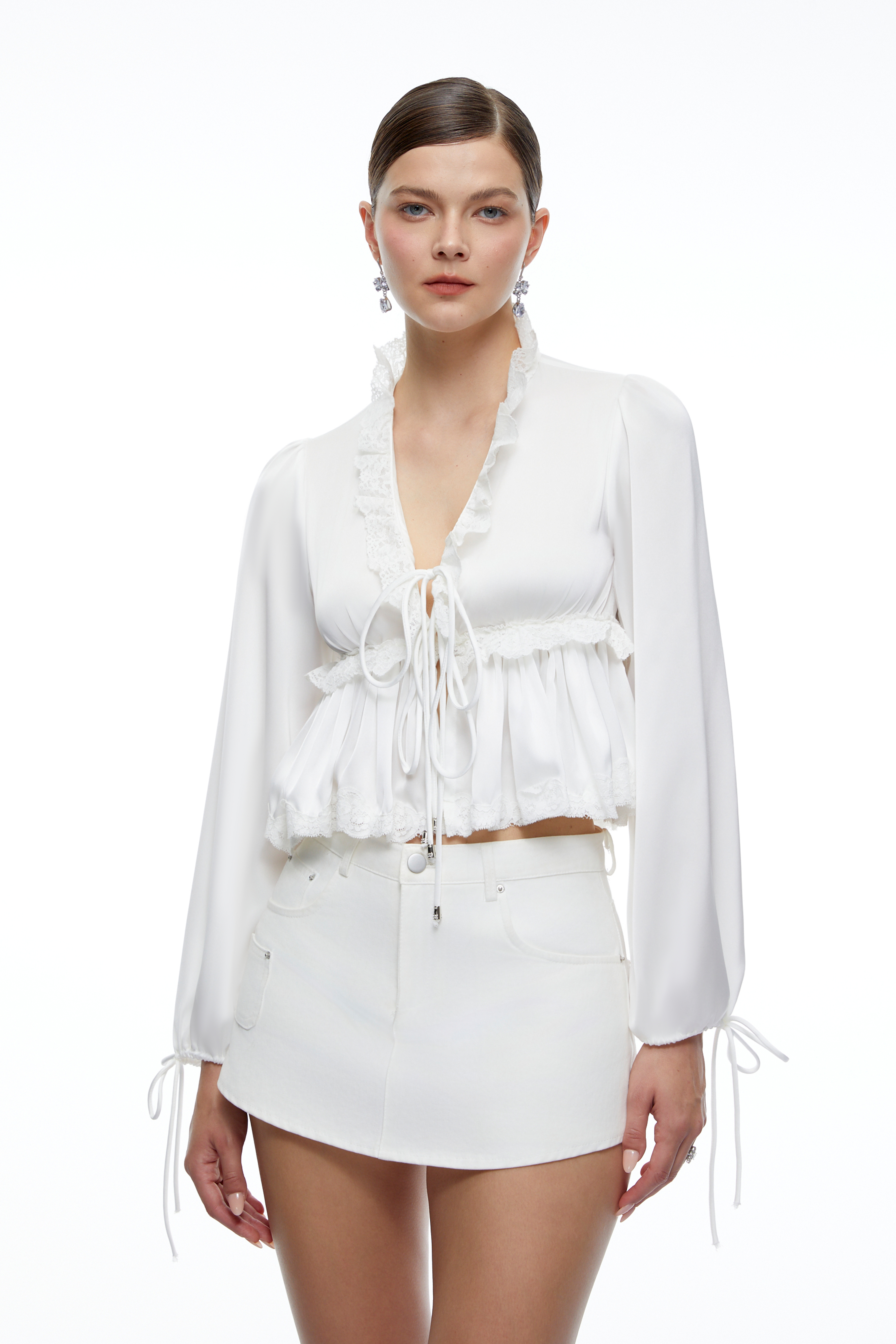 Lisette White Lace-Trim Ruffle Long Sleeve Blouse