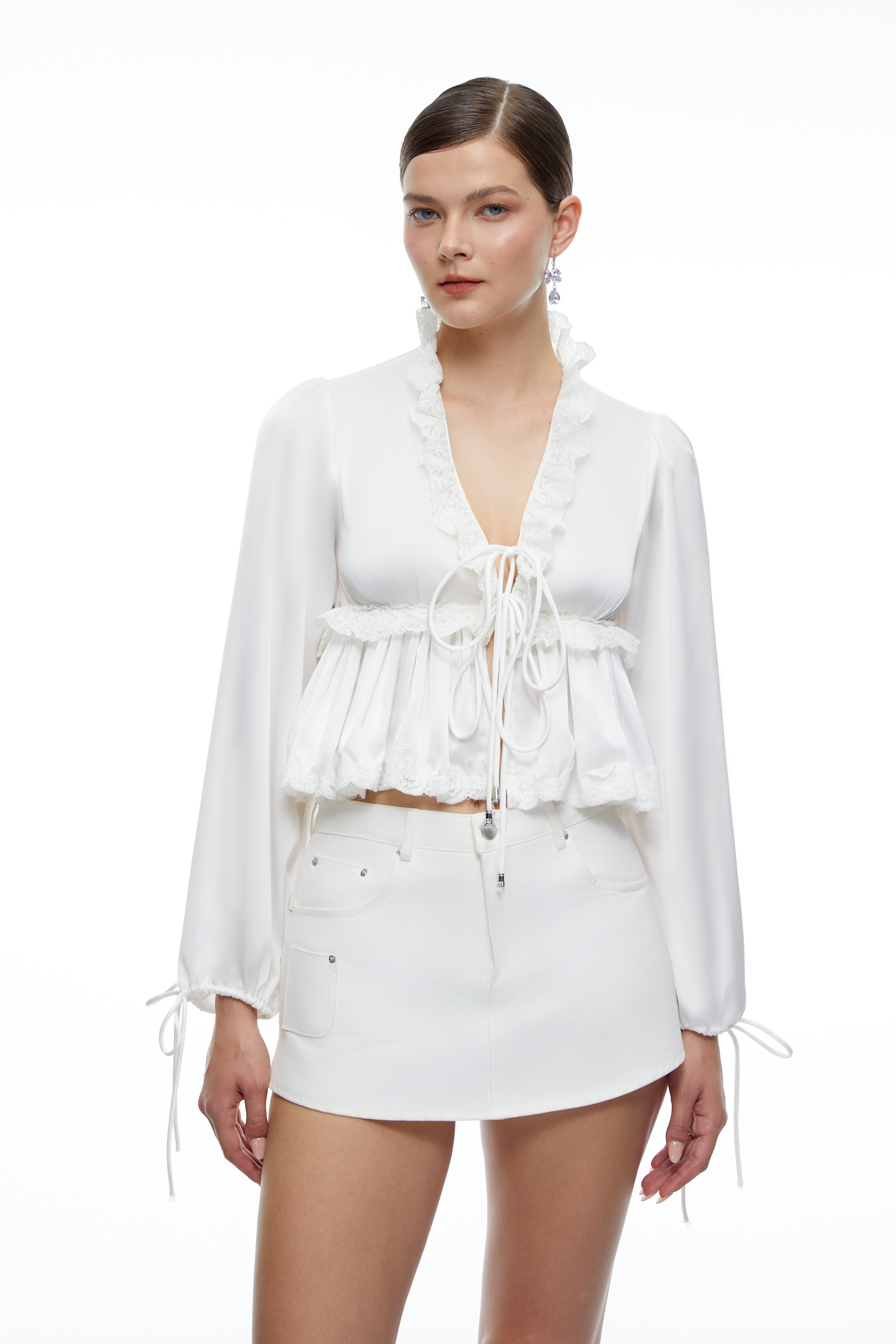 Lisette White Lace-Trim Ruffle Long Sleeve Blouse