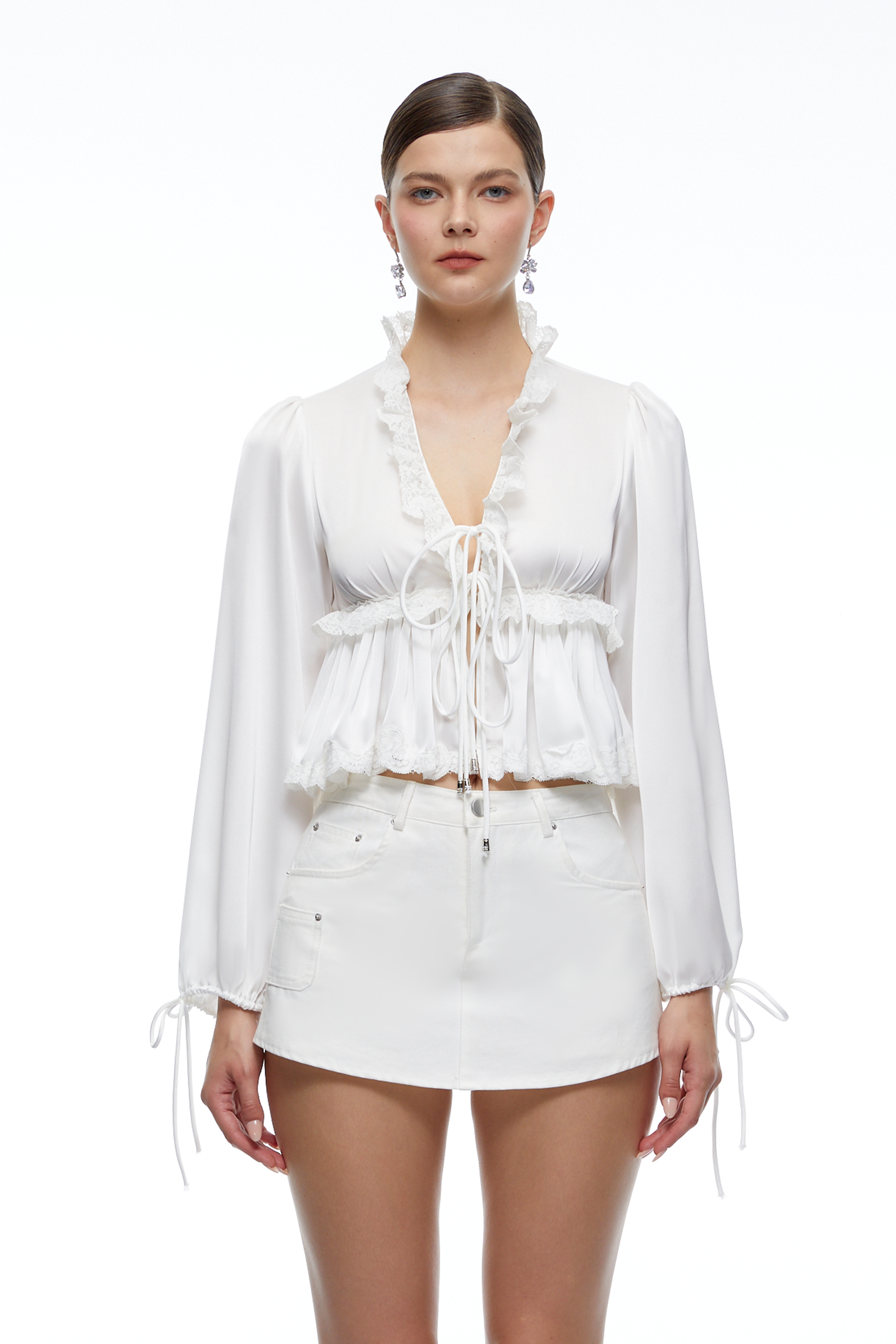 Lisette White Lace-Trim Ruffle Long Sleeve Blouse