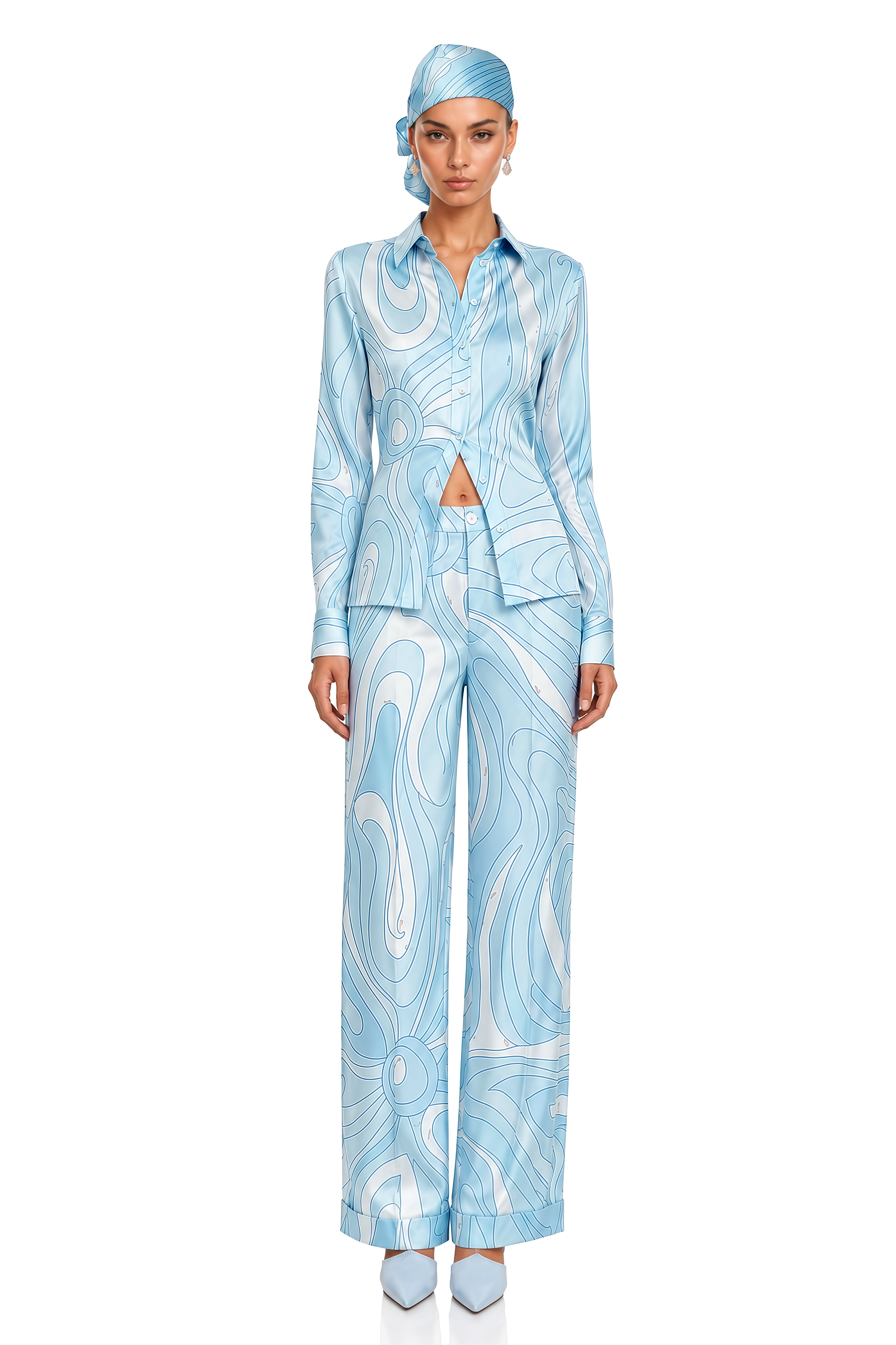 Liyana Light Blue Printed Shirt & Wide-Leg Trousers Set