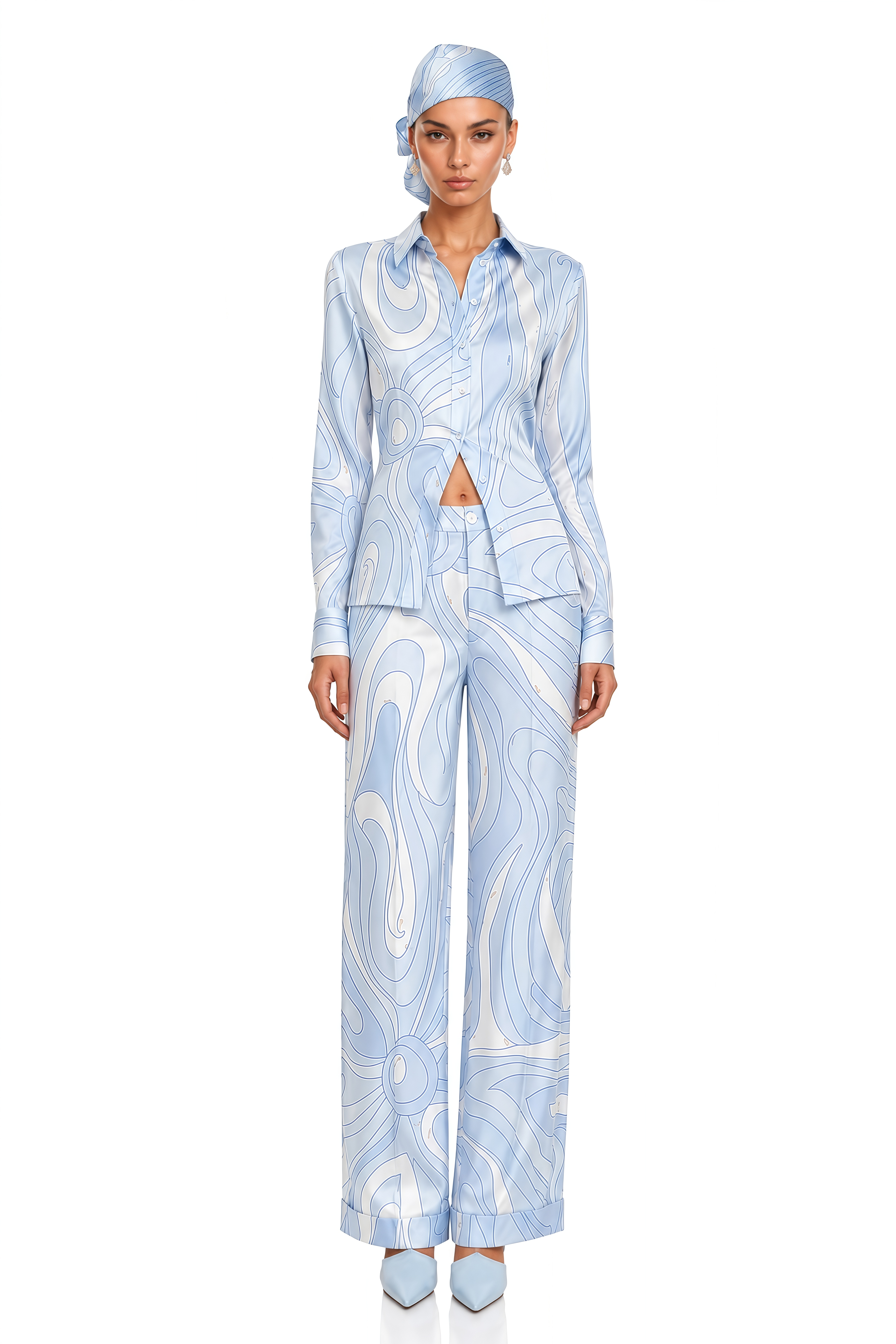 Liyana Light Blue Printed Shirt & Wide-Leg Trousers Set