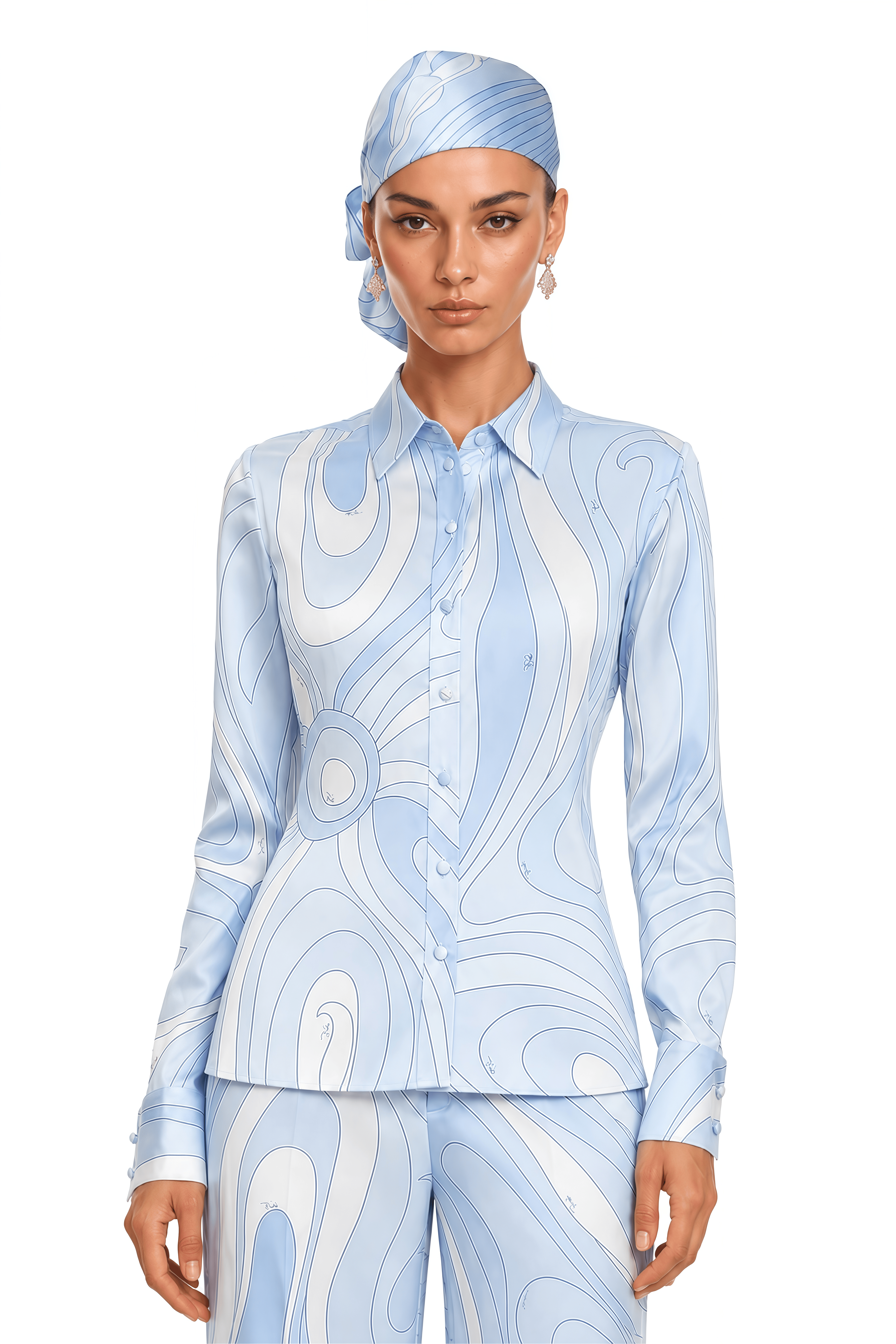 Liyana Light Blue Printed Shirt & Wide-Leg Trousers Set