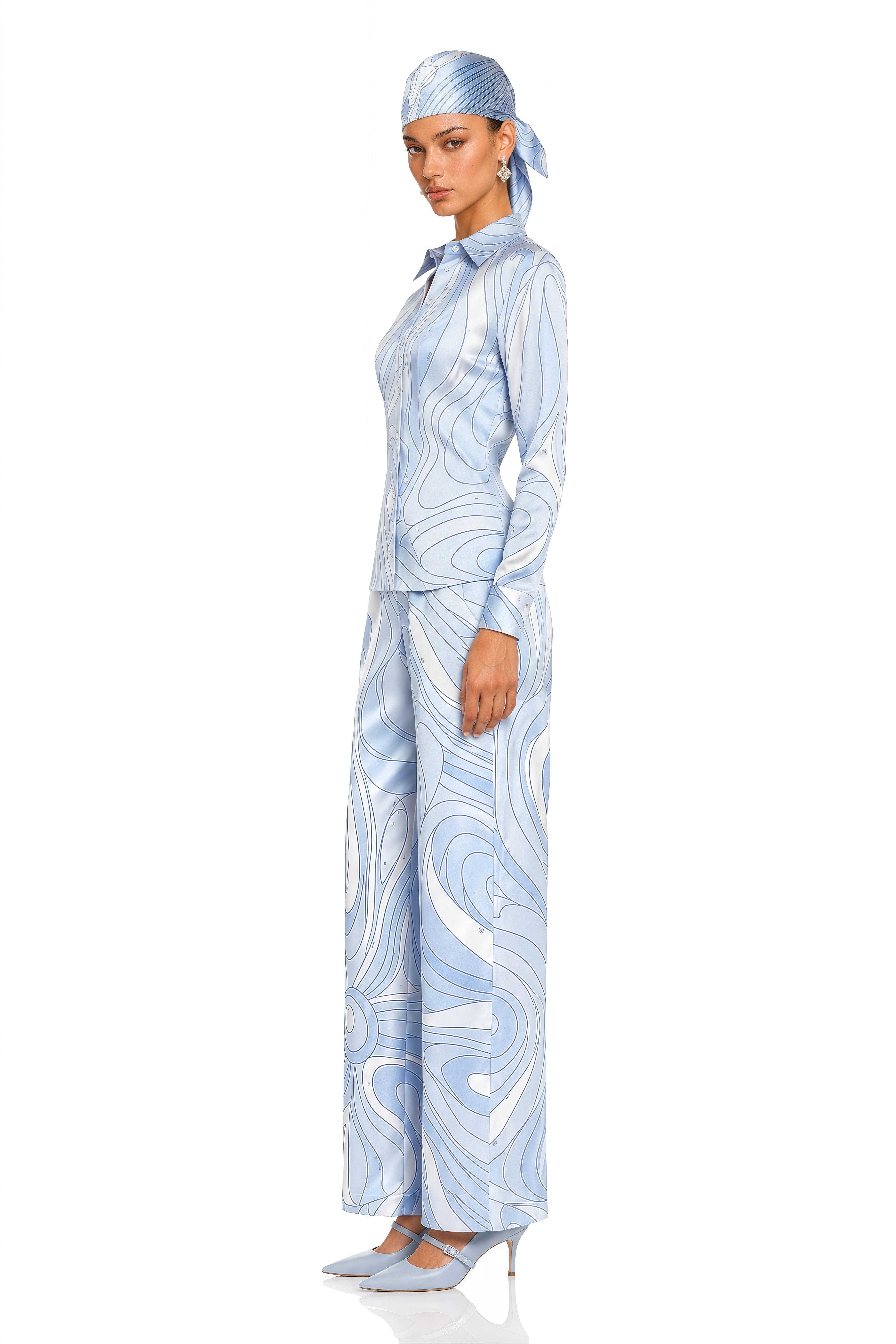 Liyana Light Blue Printed Shirt & Wide-Leg Trousers Set