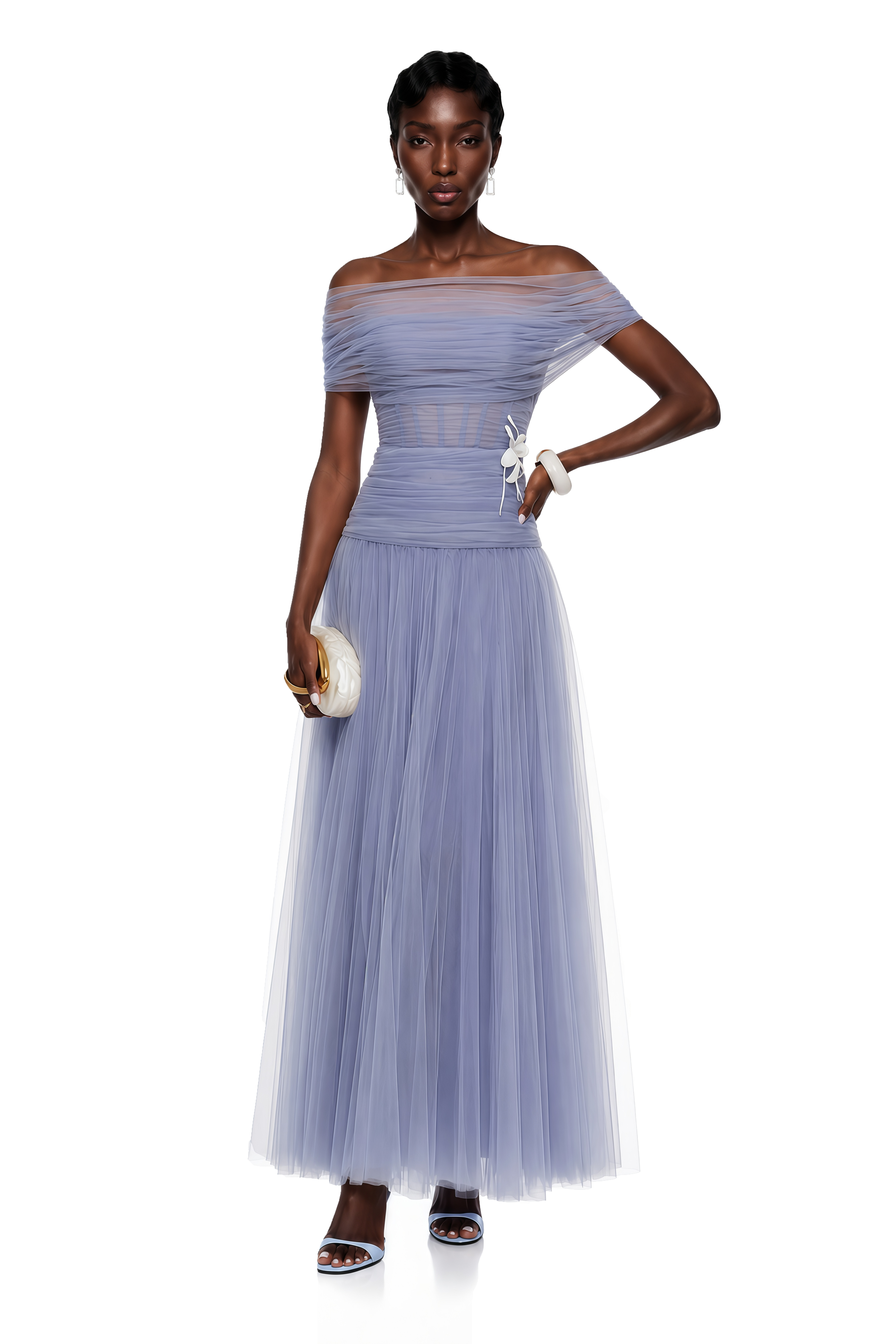 Lolwa Blue Ruched Maxi Dress with 3D Petals