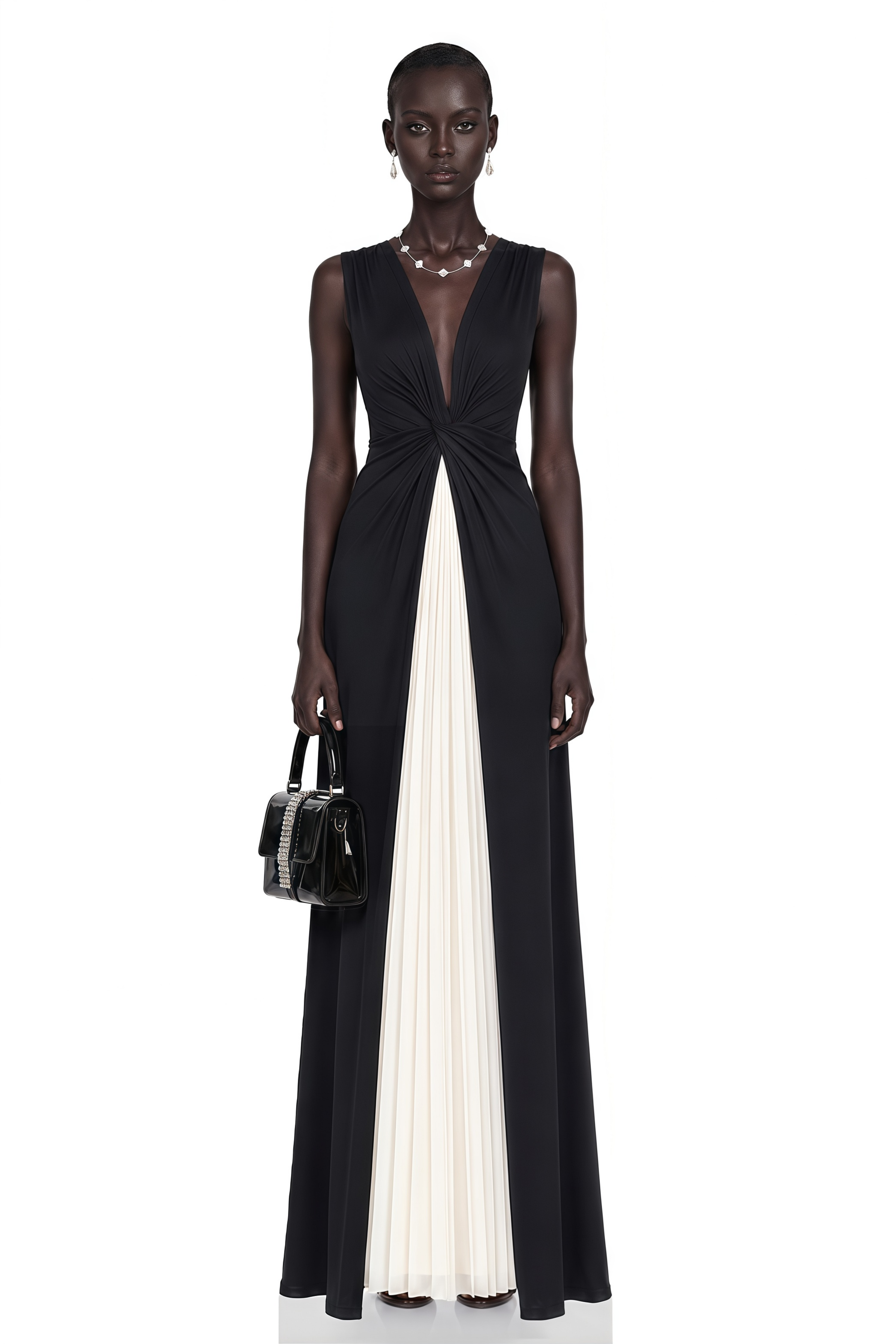 Lorelei Black Color-Block V-Neck Top & Pleated Maxi Skirt Set 