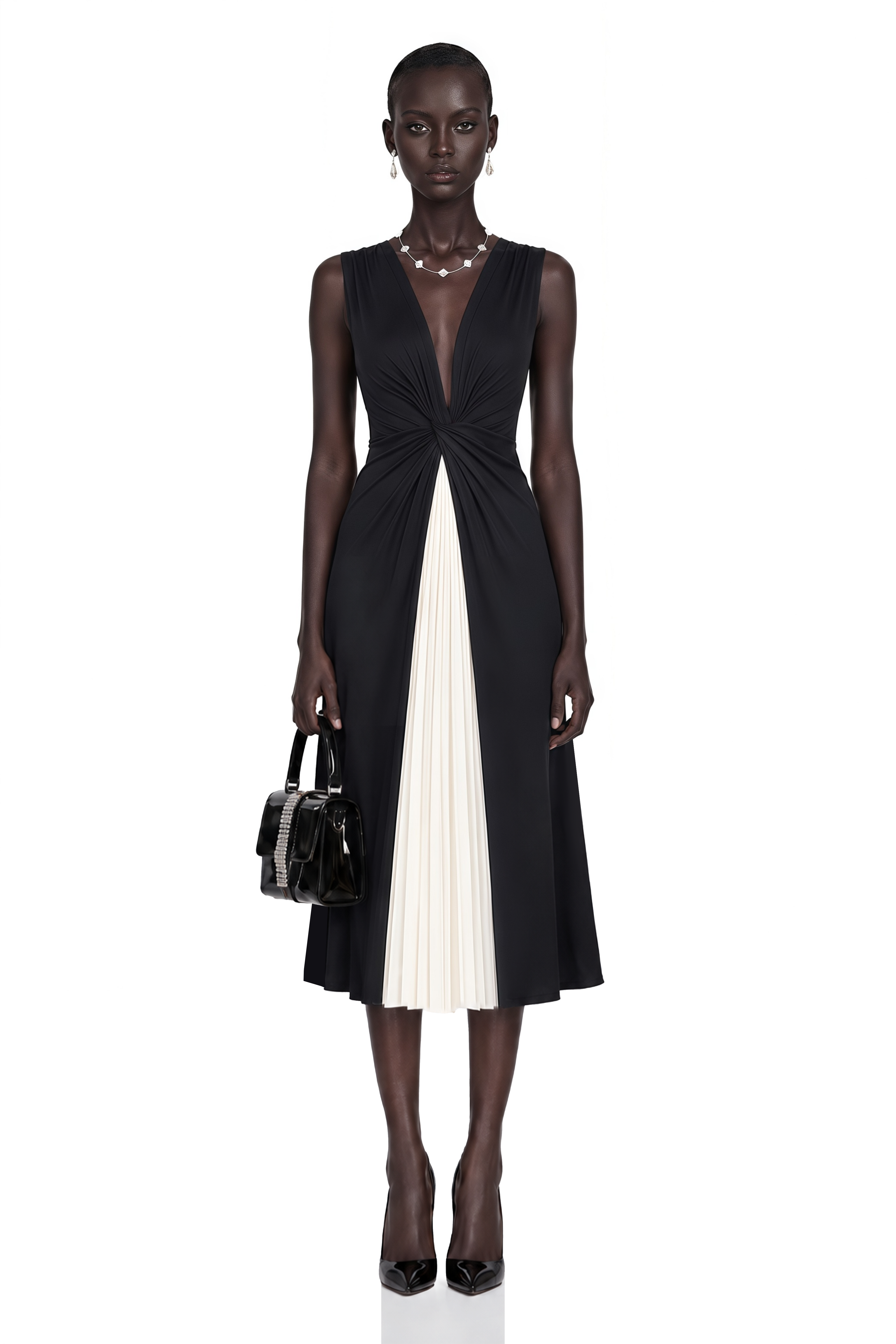 Lorelei Black Color-Block V-Neck Top & Pleated Skirt Set 