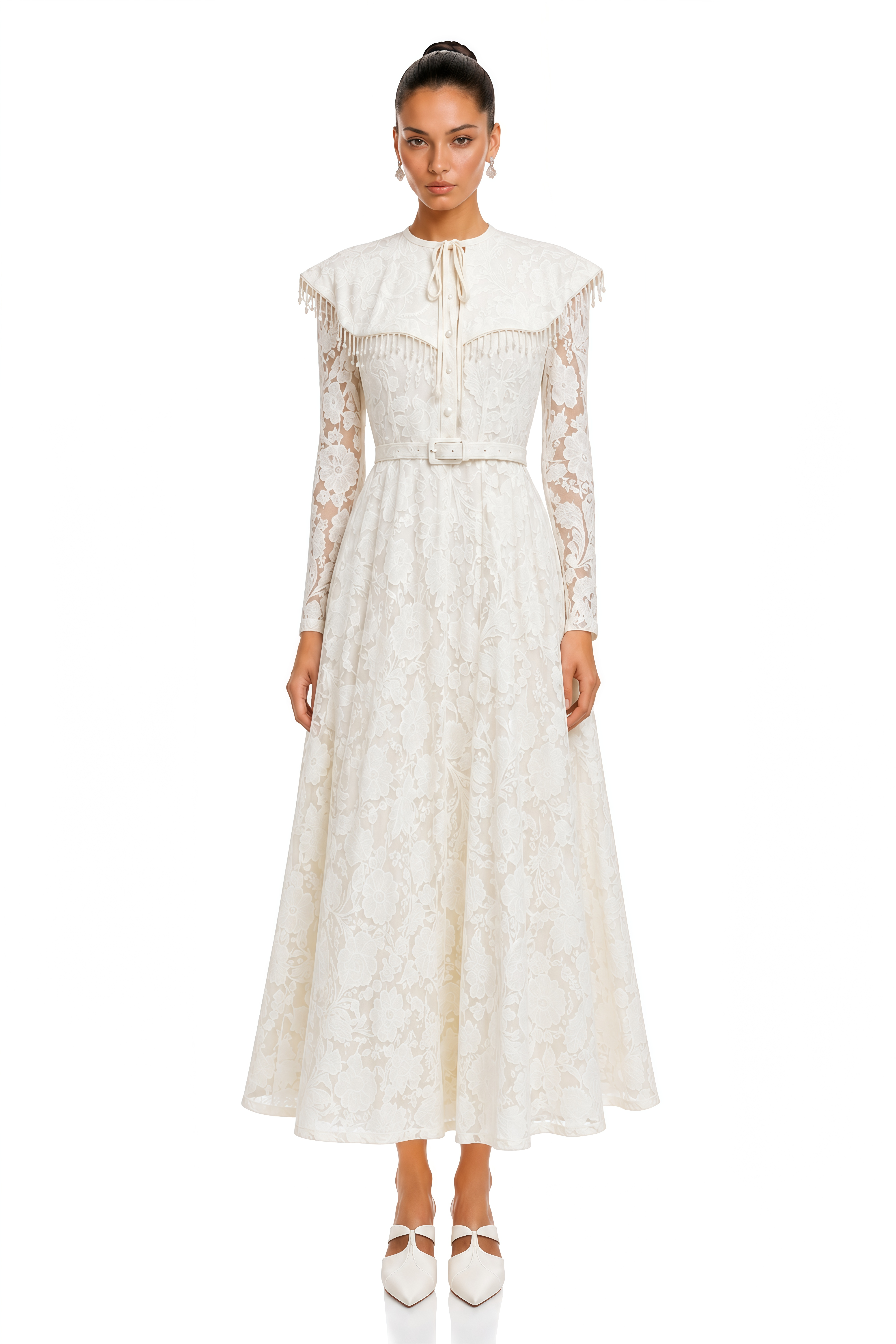 Lorelei Neutral Lace Ruffle Collar Maxi Dress
