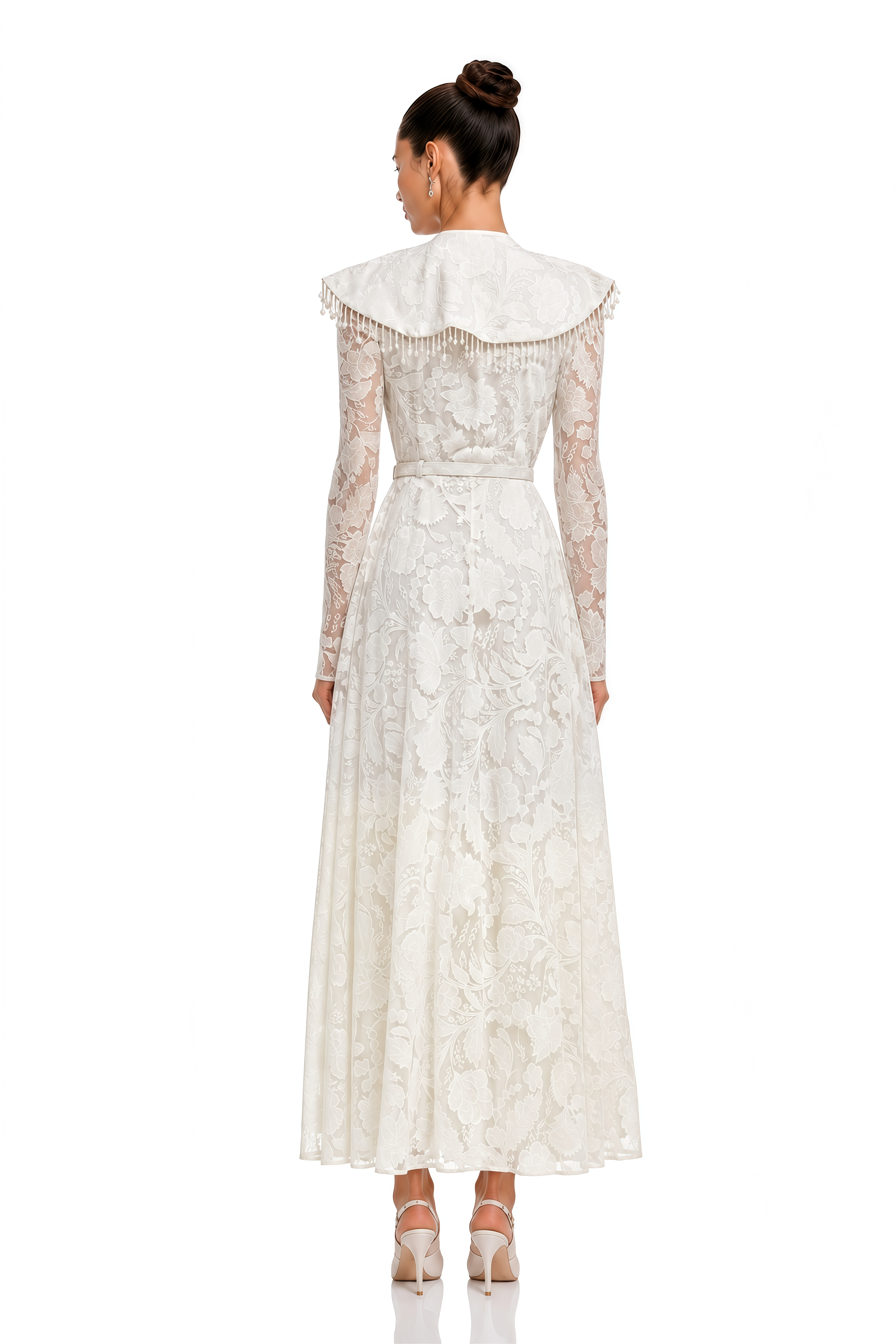 Lorelei Neutral Lace Ruffle Collar Maxi Dress