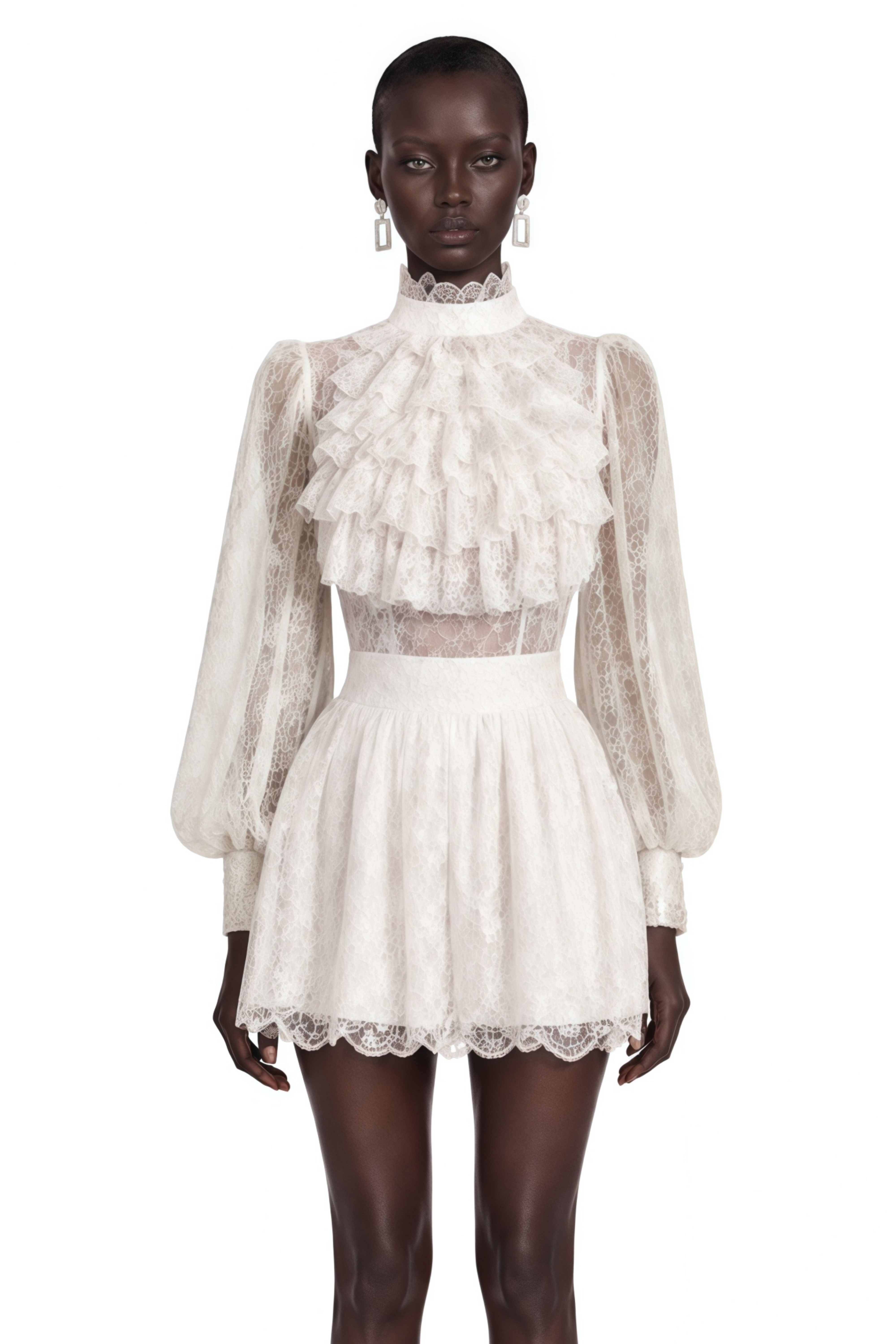 Lorraine White High Neck Lace Long Sleeve Mini Dress