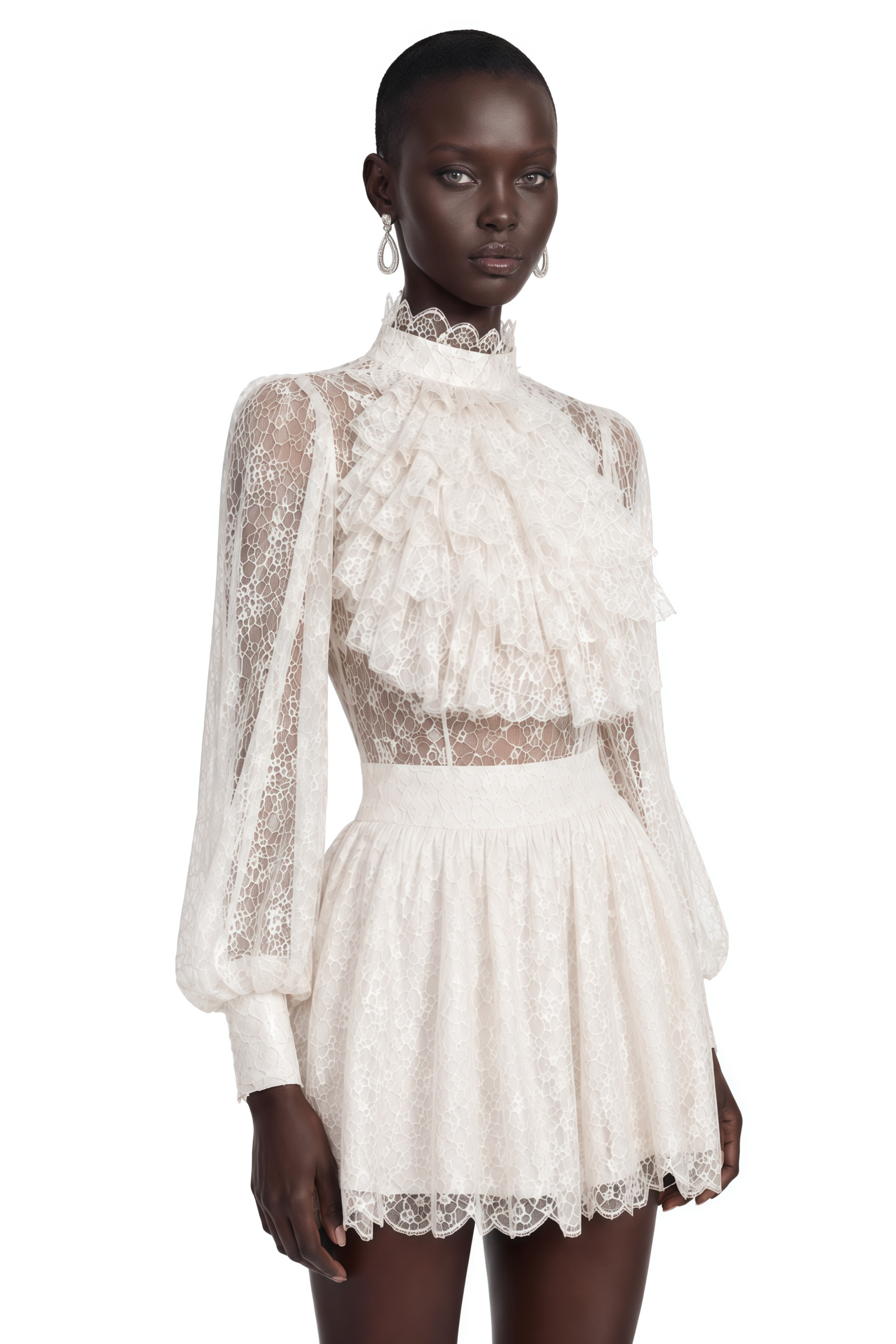 Lorraine White High Neck Lace Long Sleeve Mini Dress