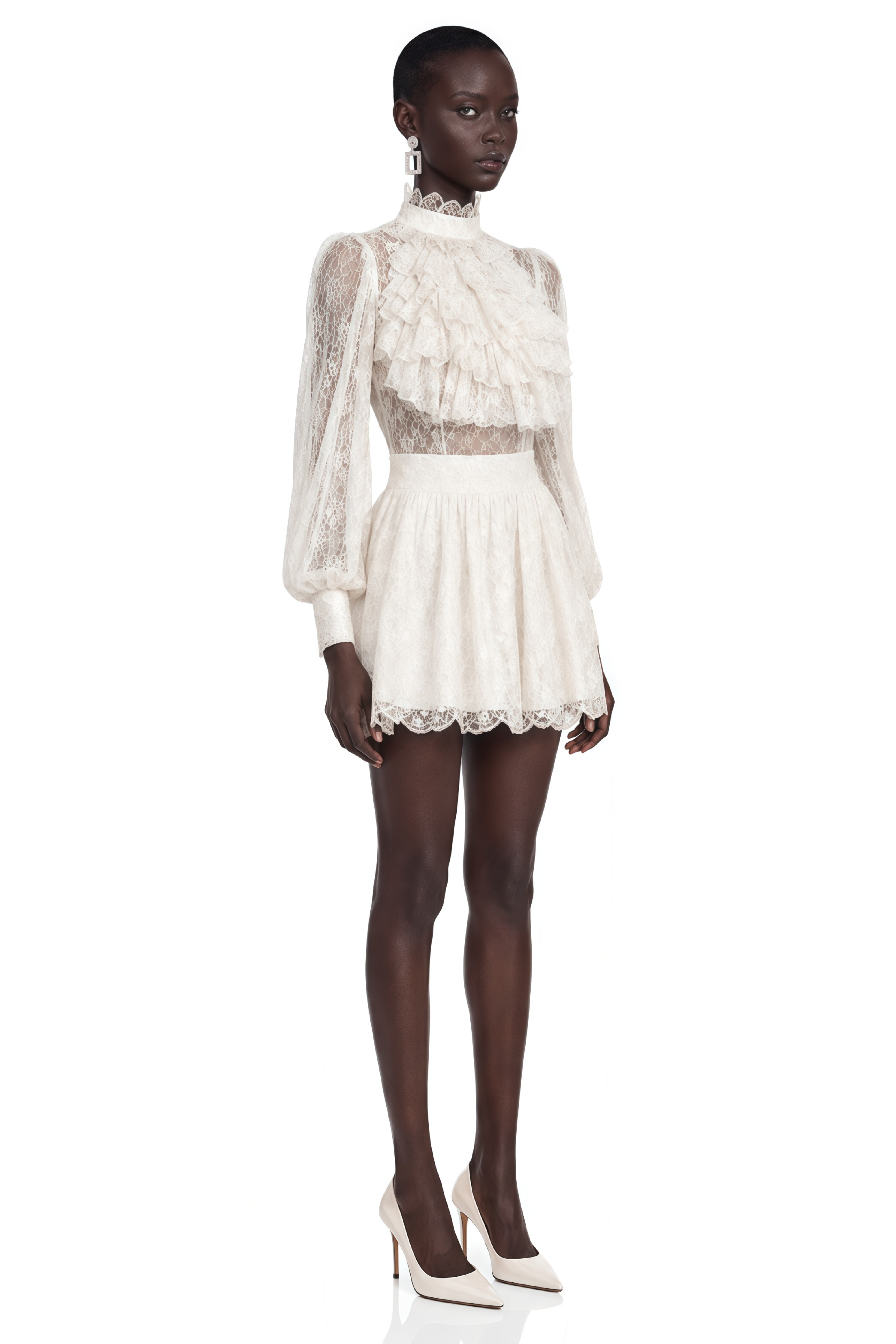 Lorraine White High Neck Lace Long Sleeve Mini Dress