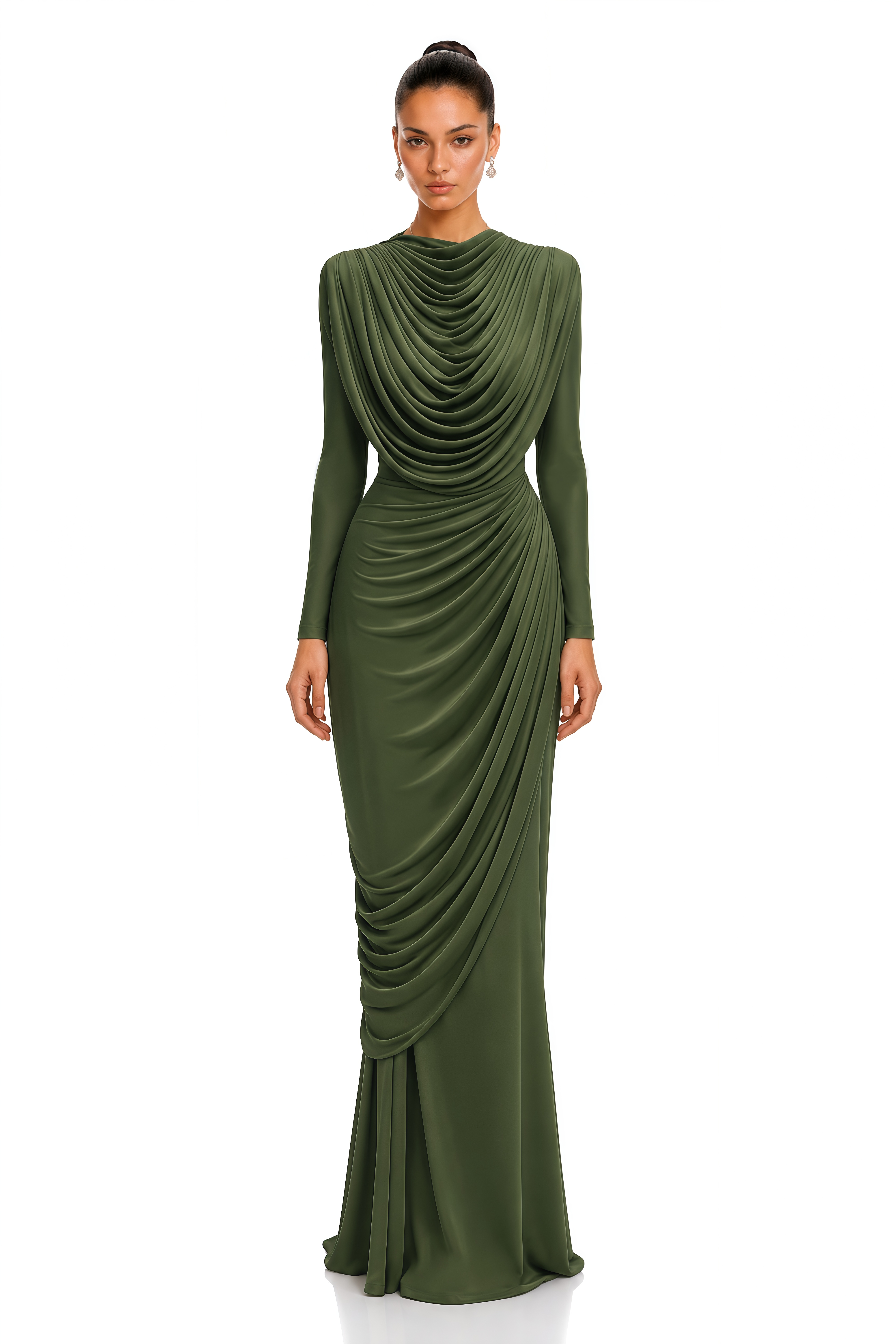 Lottie Olive Green Draped High Neck Long Sleeve Maxi Dress