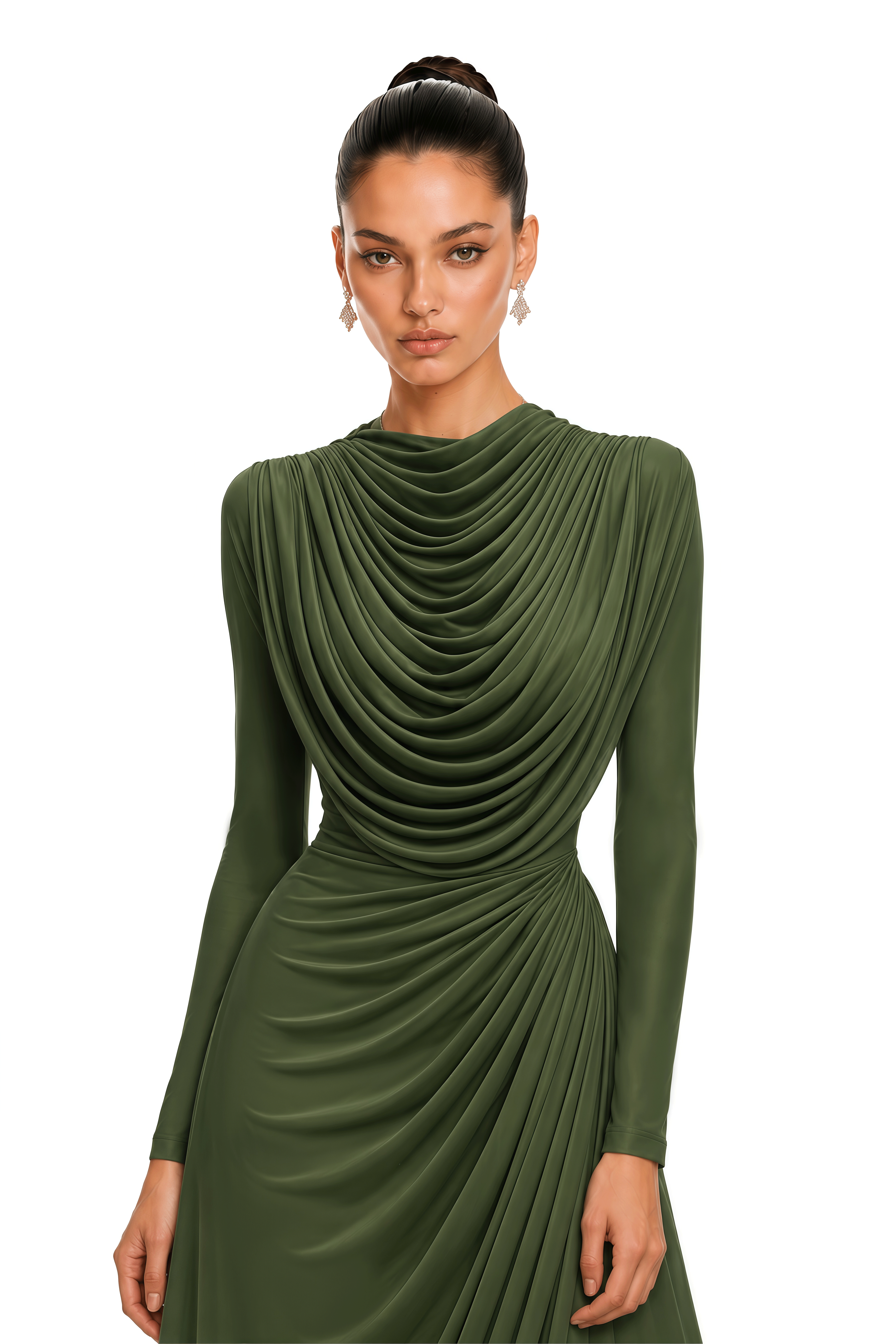 Lottie Olive Green Draped High Neck Long Sleeve Maxi Dress