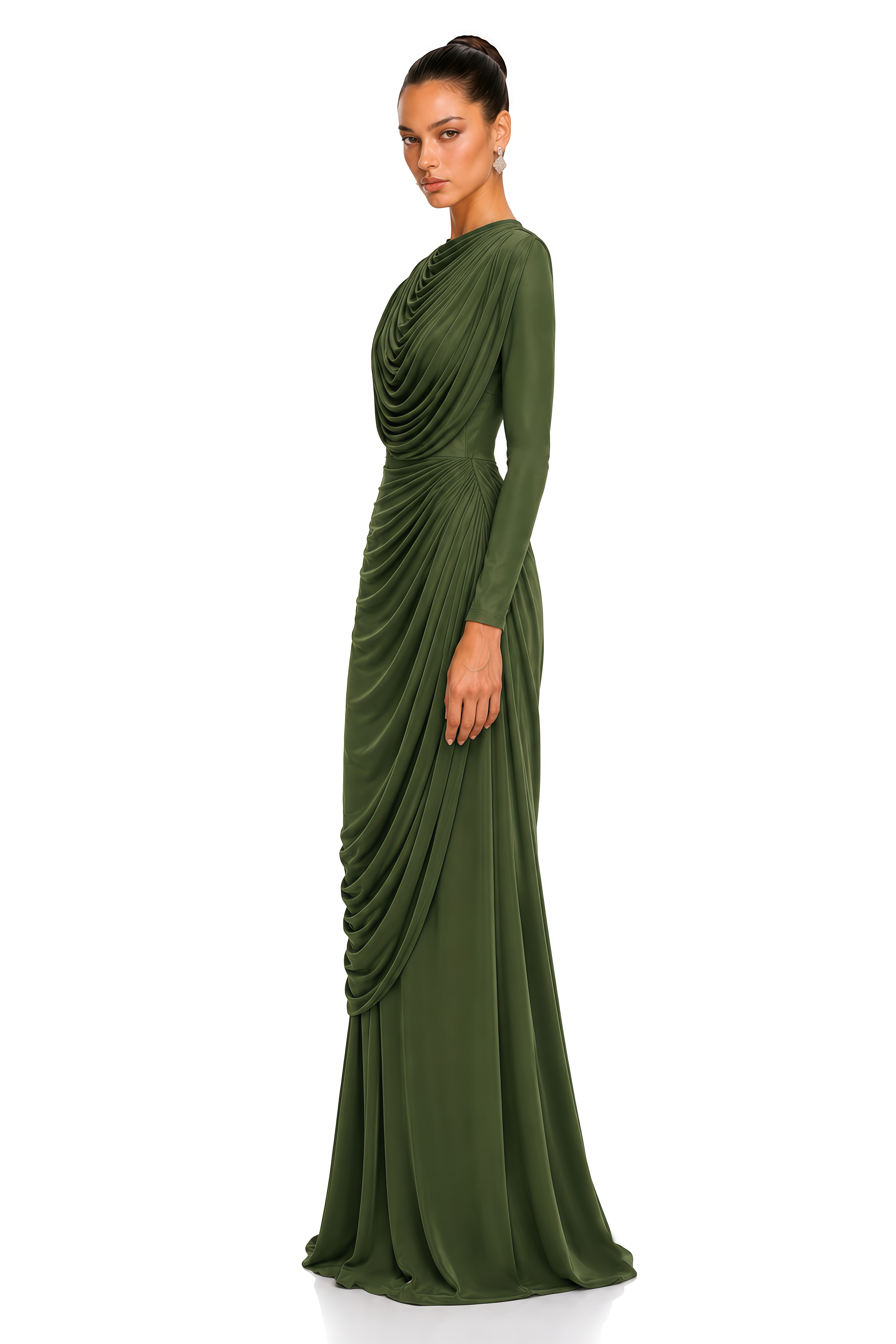 Lottie Olive Green Draped High Neck Long Sleeve Maxi Dress