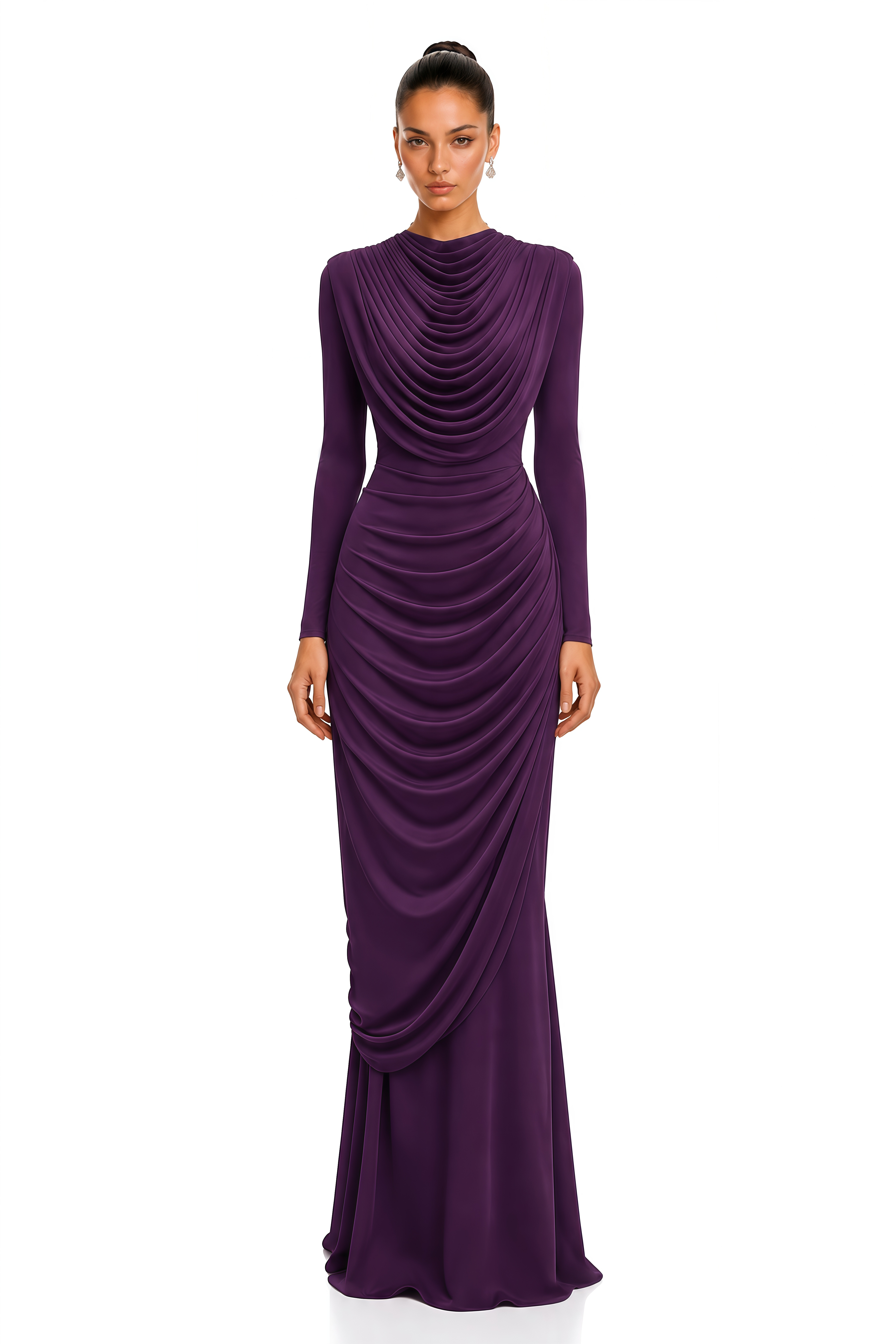 Lottie Purple Draped High Neck Long Sleeve Maxi Dress