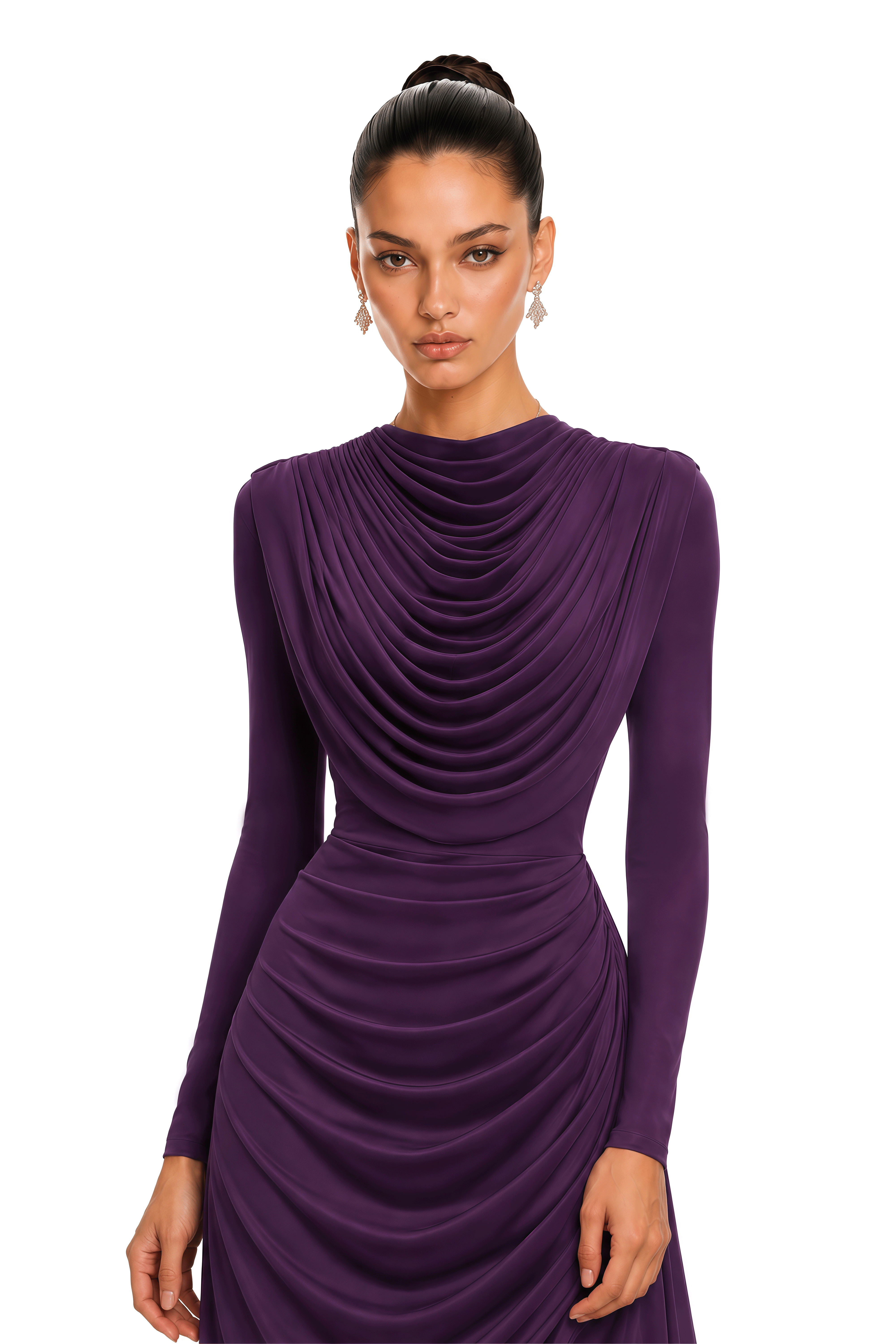 Lottie Purple Draped High Neck Long Sleeve Maxi Dress