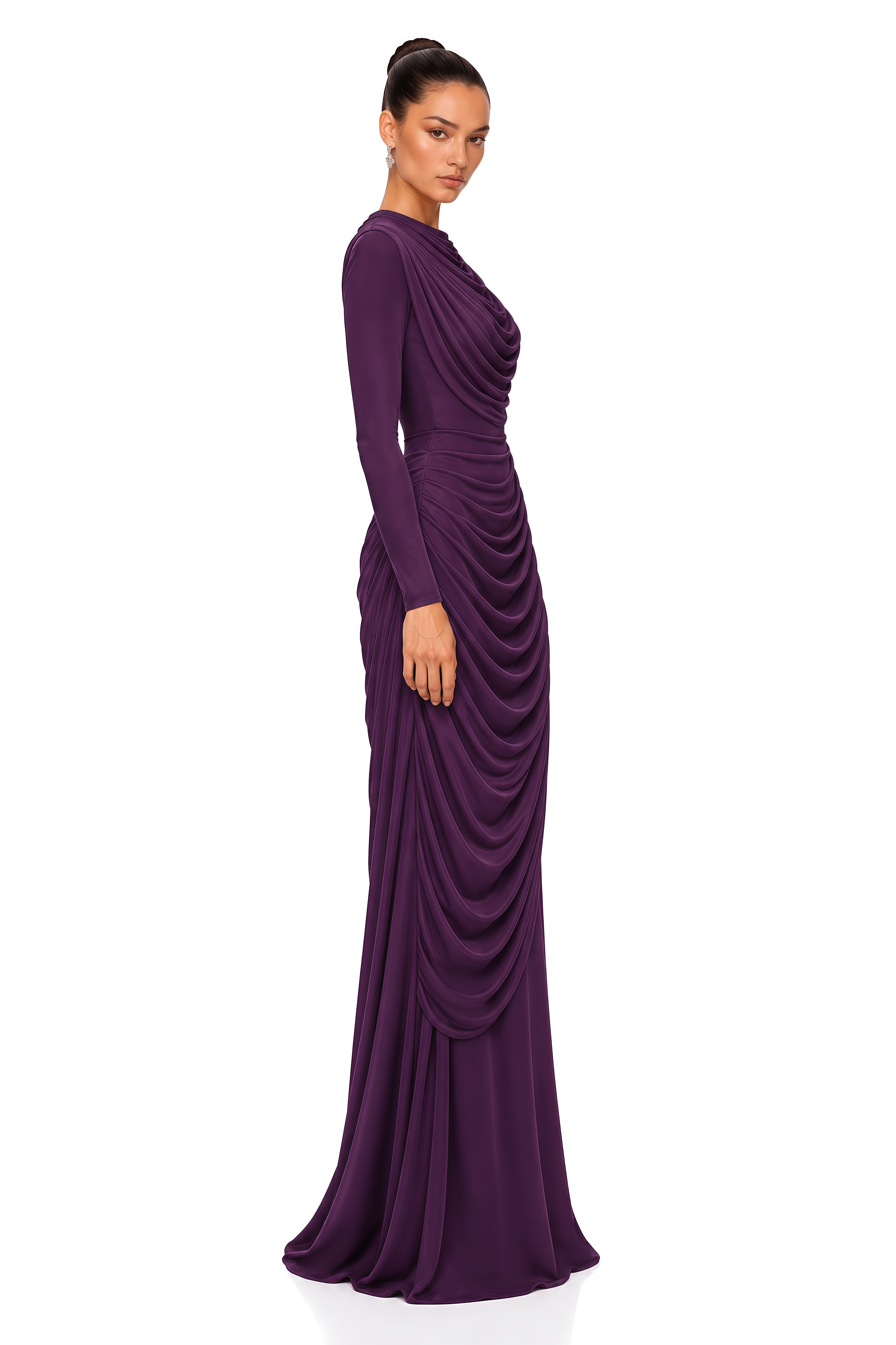 Lottie Purple Draped High Neck Long Sleeve Maxi Dress