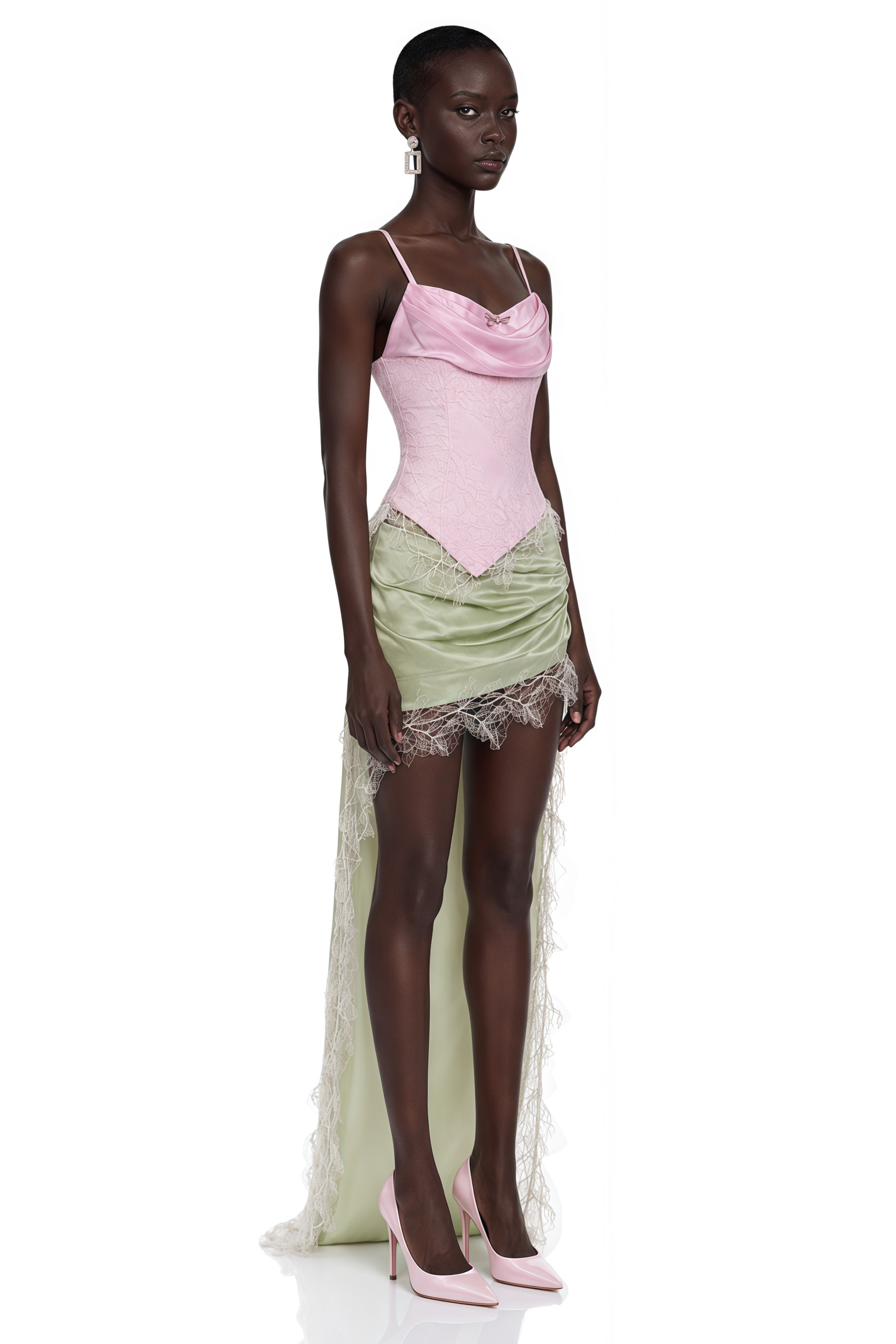 Louisa Pink Corset Top & Green Draped Mini Skirt Set