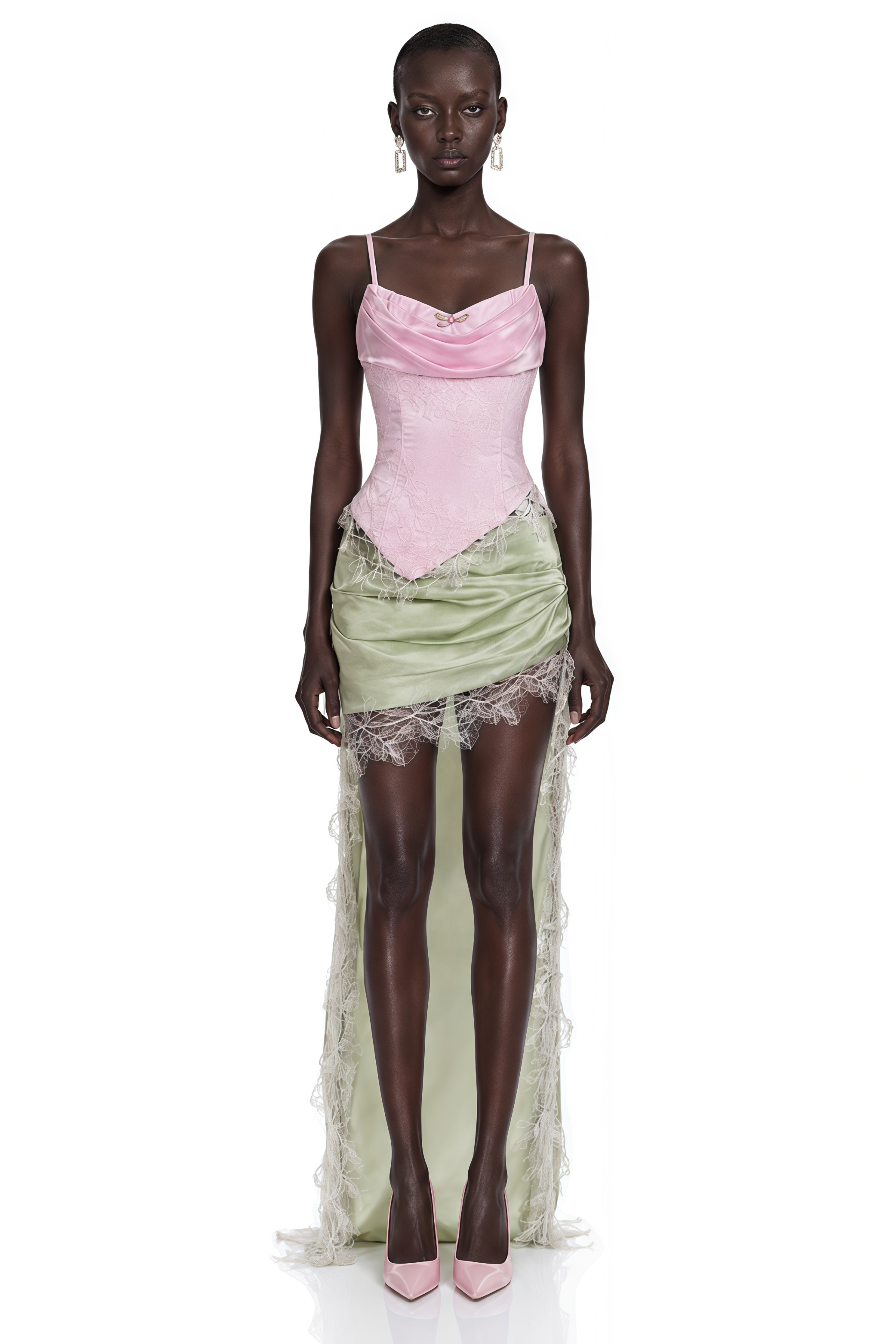 Louisa Pink Corset Top & Green Draped Mini Skirt Set