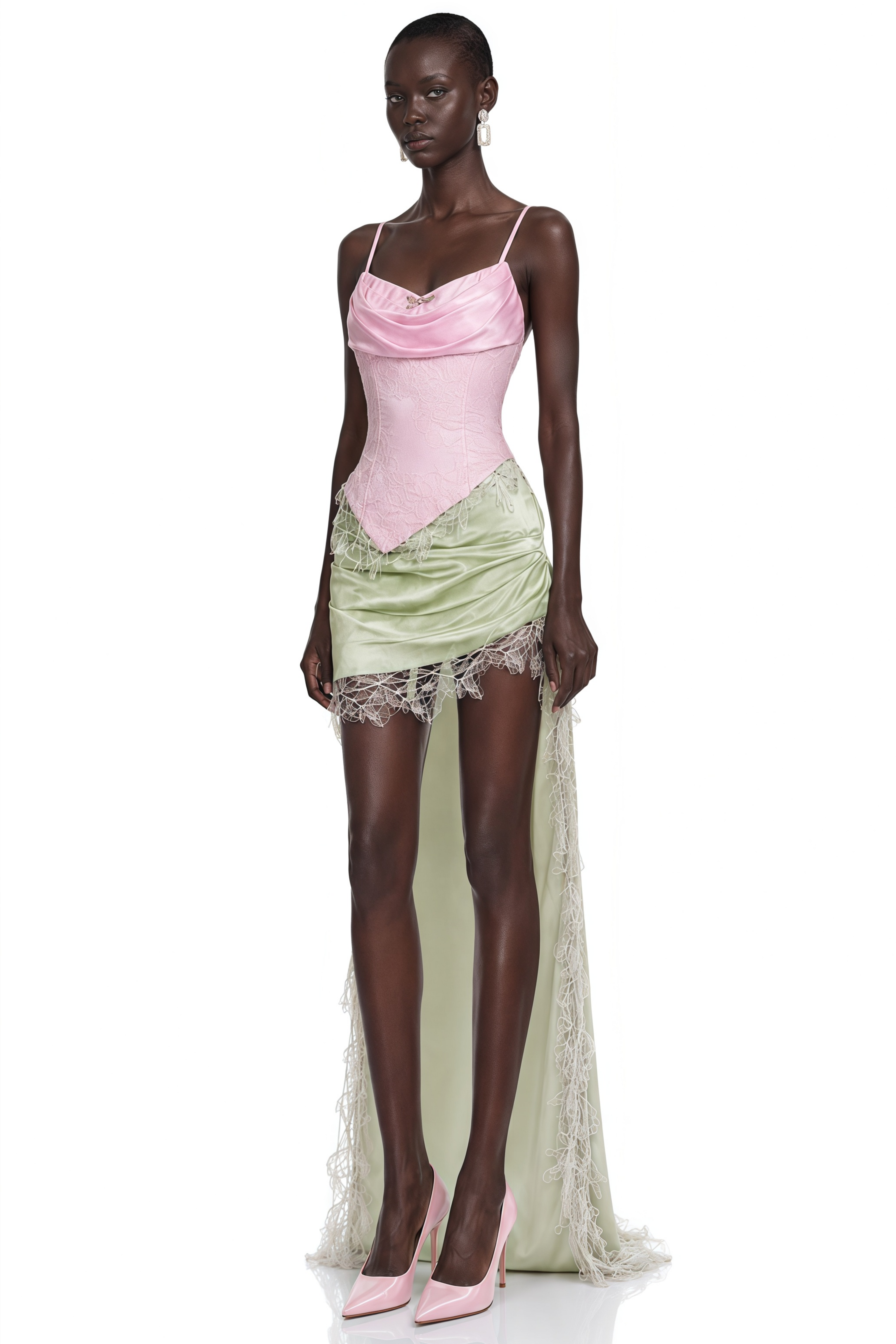 Louisa Pink Corset Top & Green Draped Mini Skirt Set