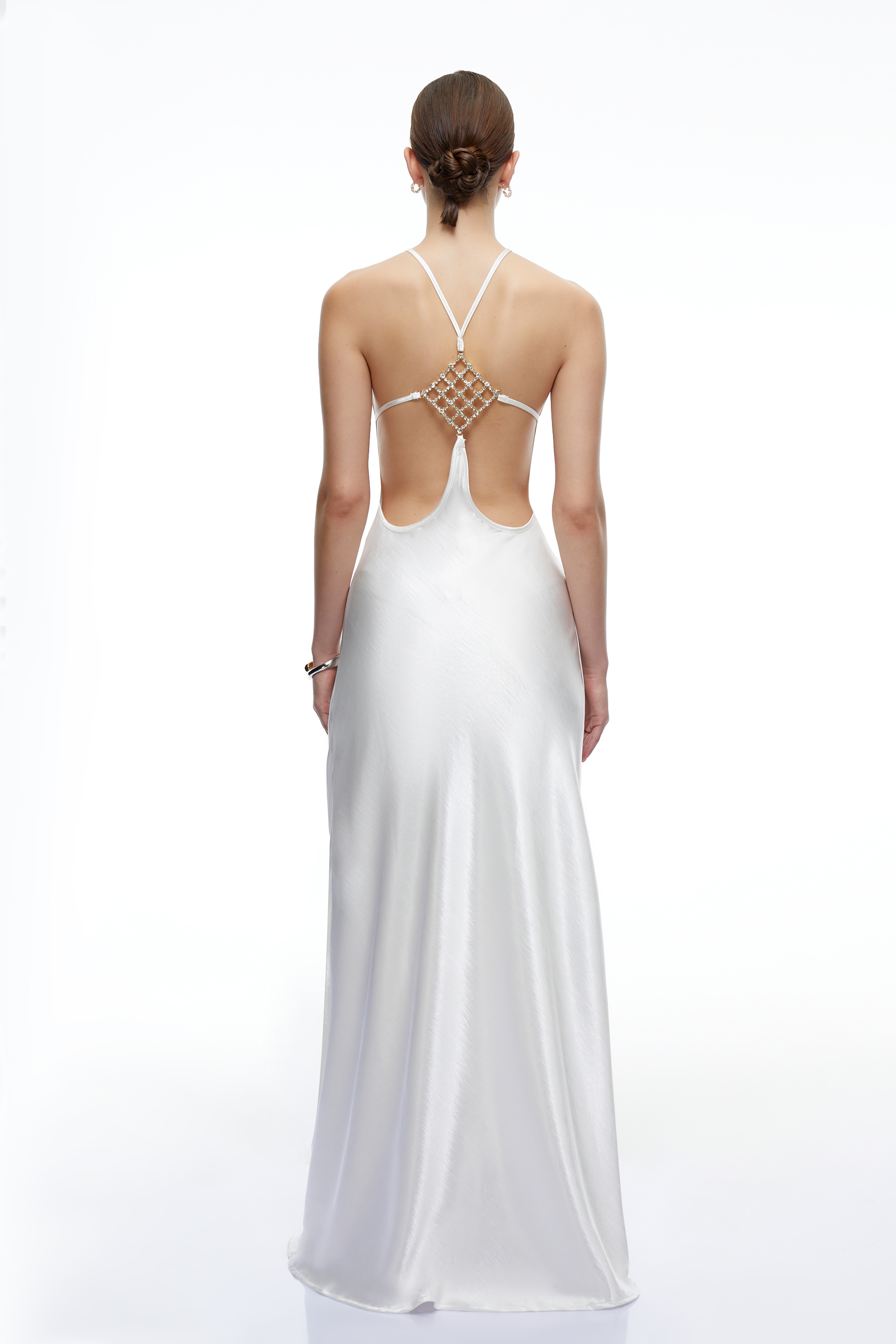 Loviatar White Backless Satin Maxi Dress